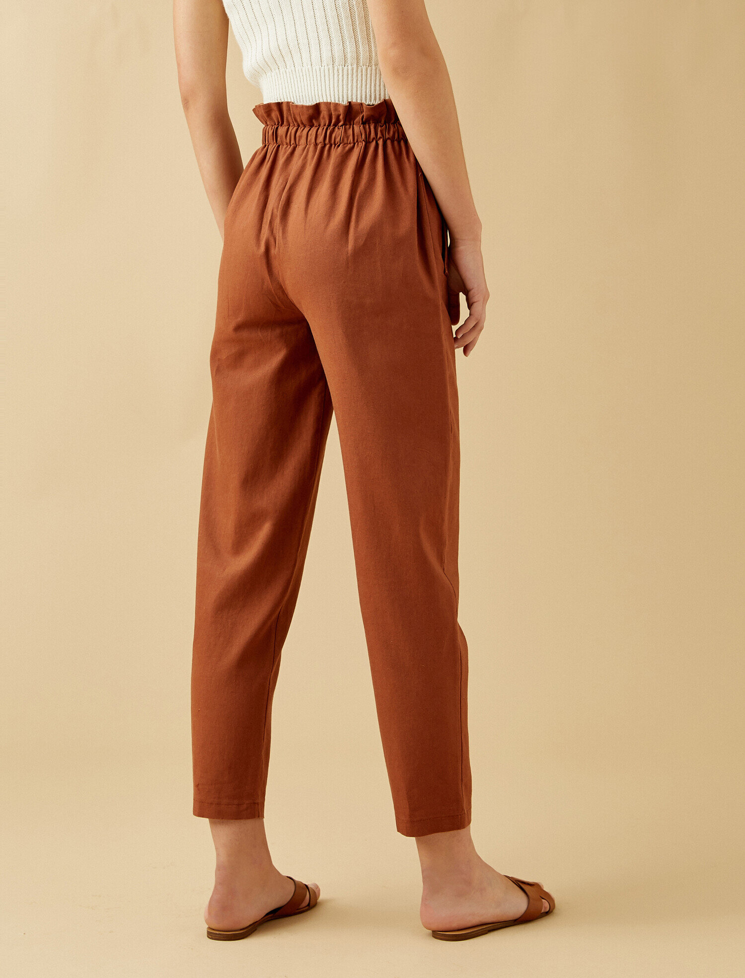   Belden Bağlamalı Pantolon Keten Karışımlı