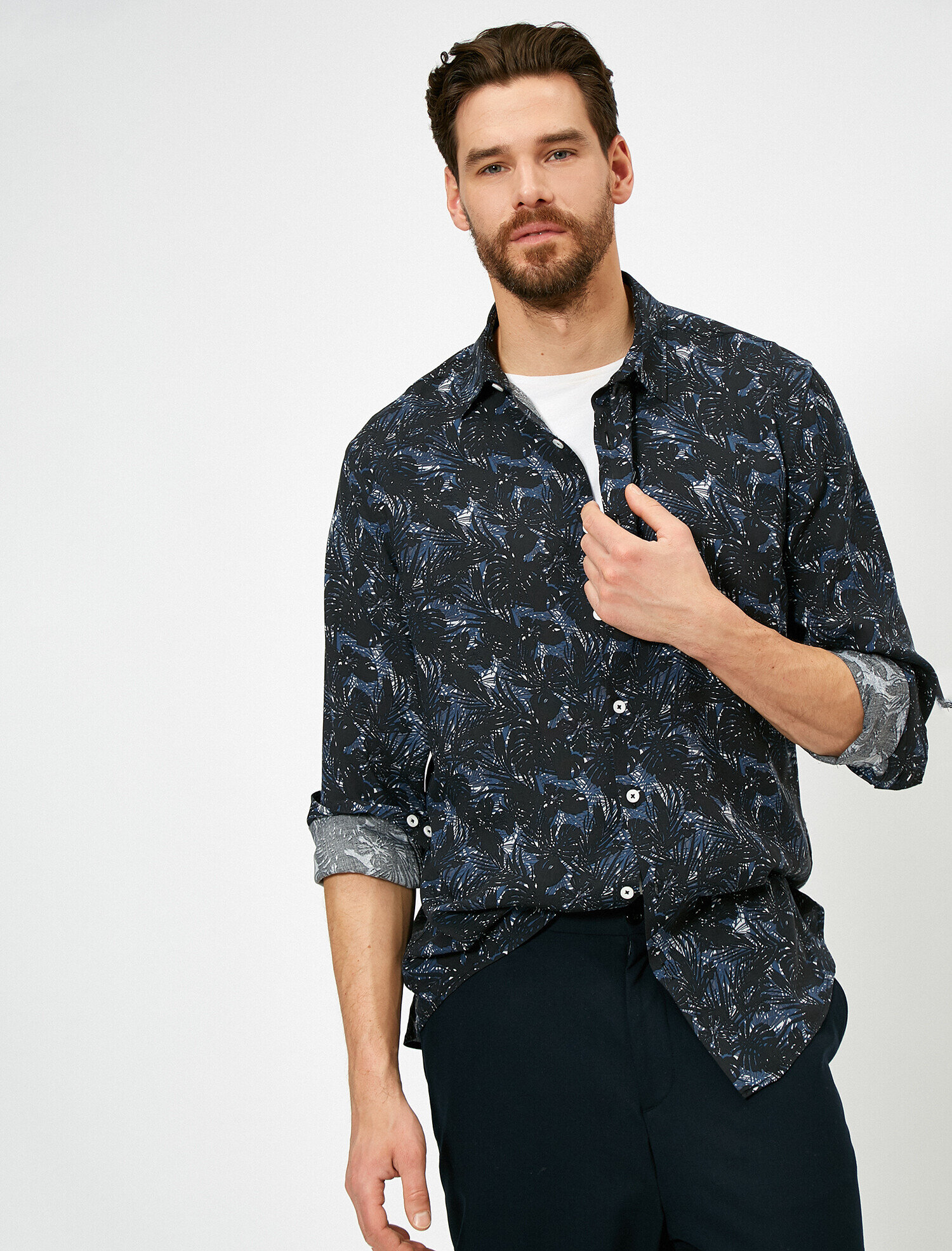   Pamuklu Yaprak Desenli Uzun Kollu Yazlık Gömlek