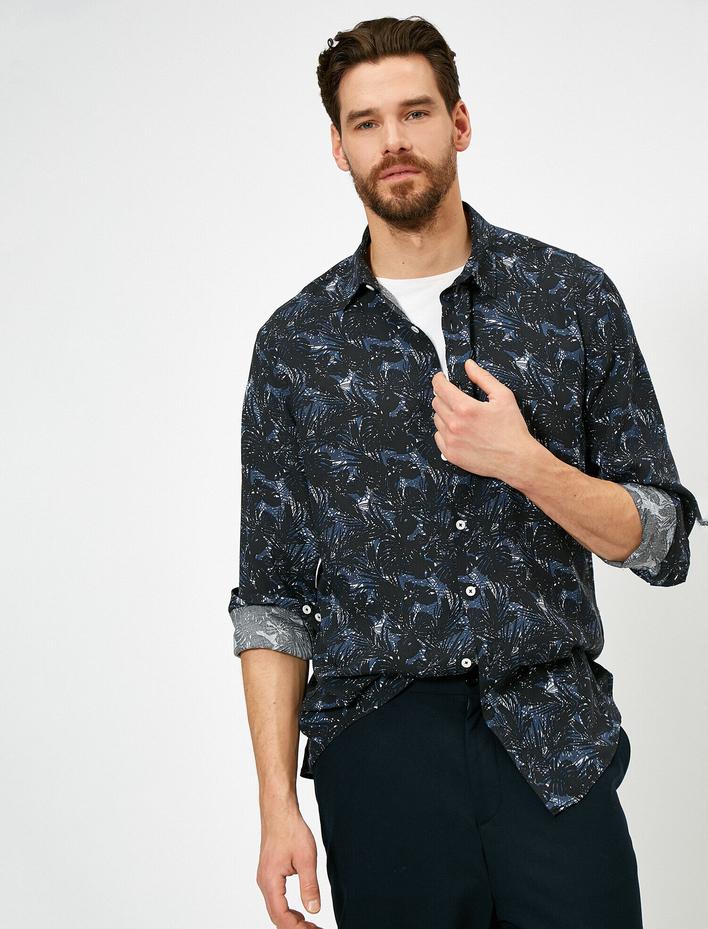  Pamuklu Yaprak Desenli Uzun Kollu Yazlık Gömlek