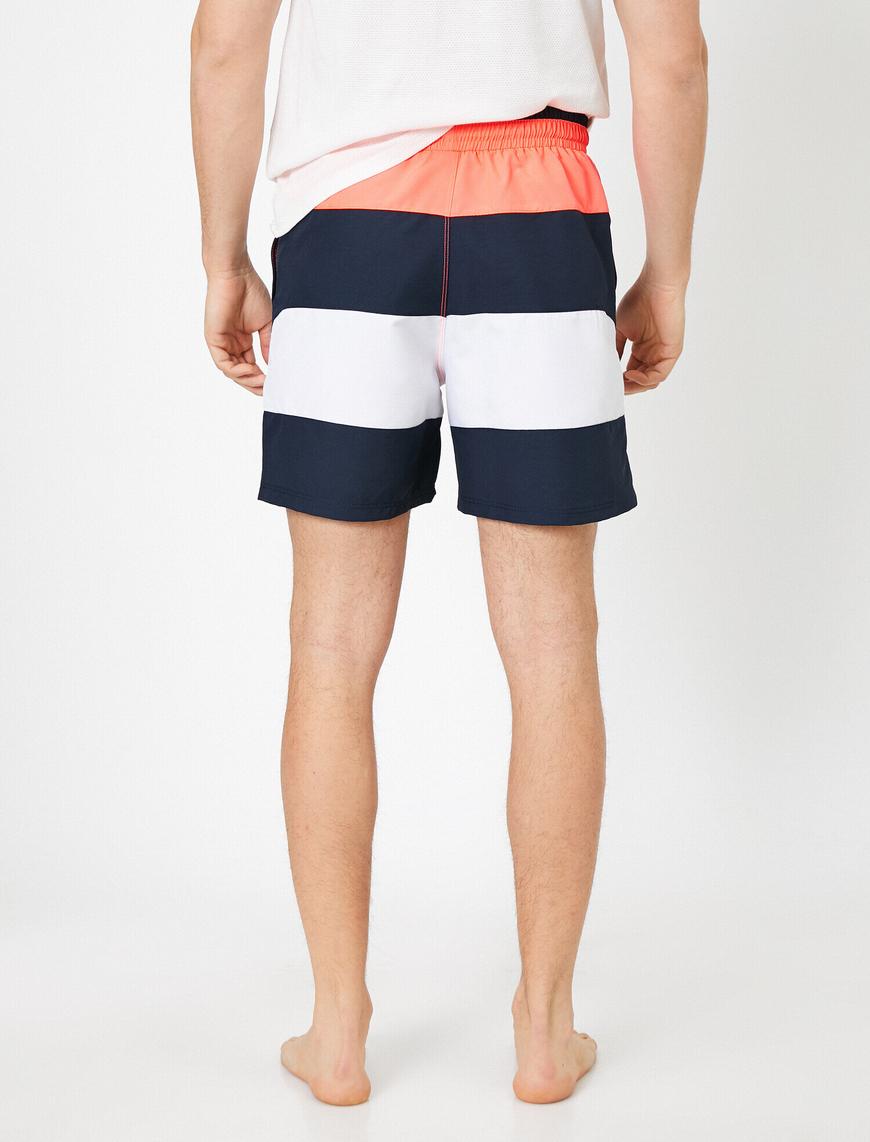 Lacivert Erkek Deniz Şortu Beli Bağcıklı Renk Bloklu Cepli