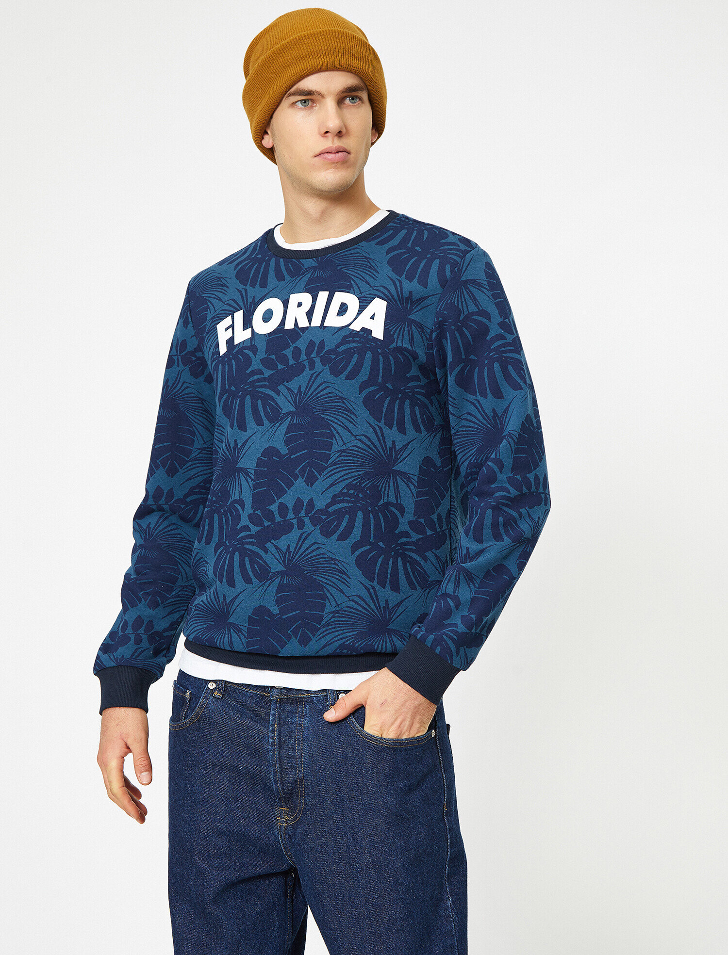   Metraj Desenli Slogan Baskılı Bisiklet Yaka Sweatshirt