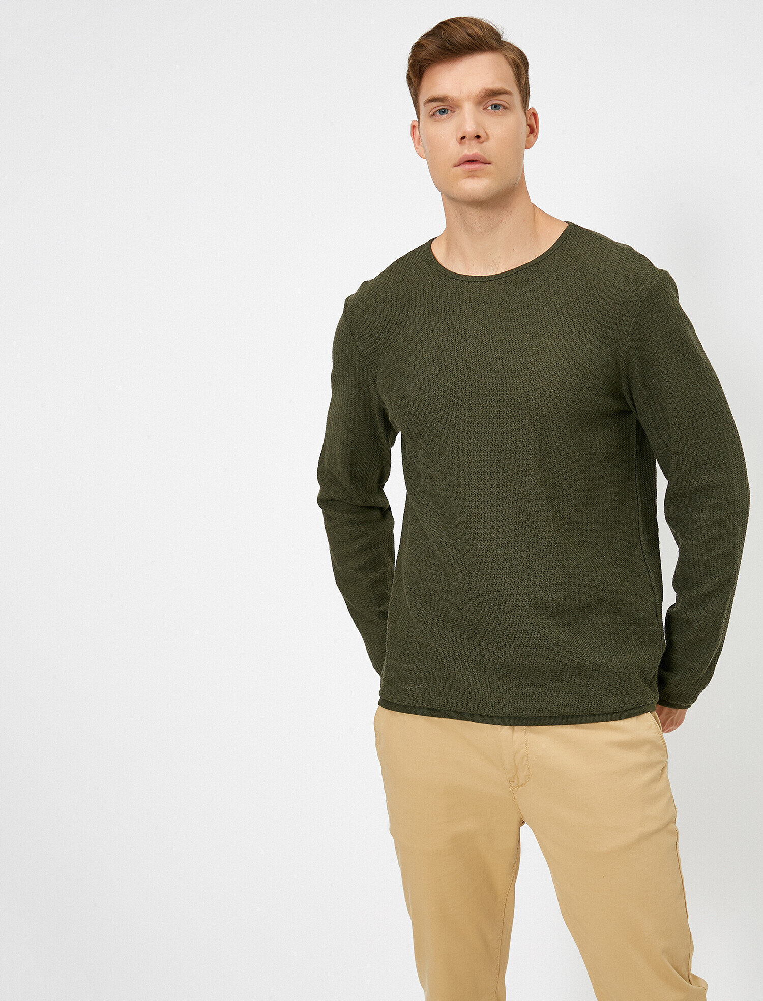   Basic Triko Kazak Bisiklet Yaka Dokulu Uzun Kolu