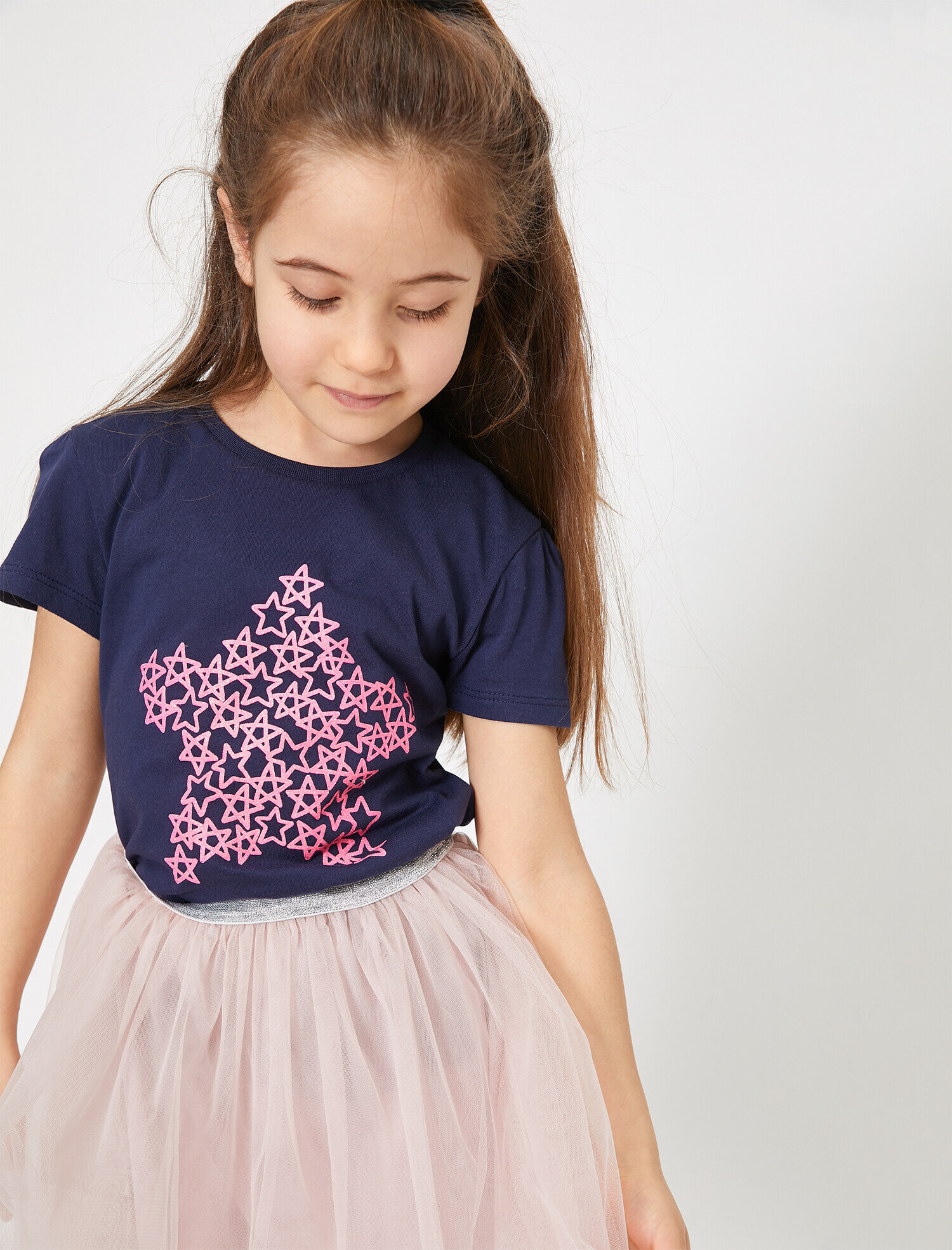 Kız Çocuk Pamuklu Simli Yıldız Baskılı Bisiklet Yaka Kısa Kollu Tişört