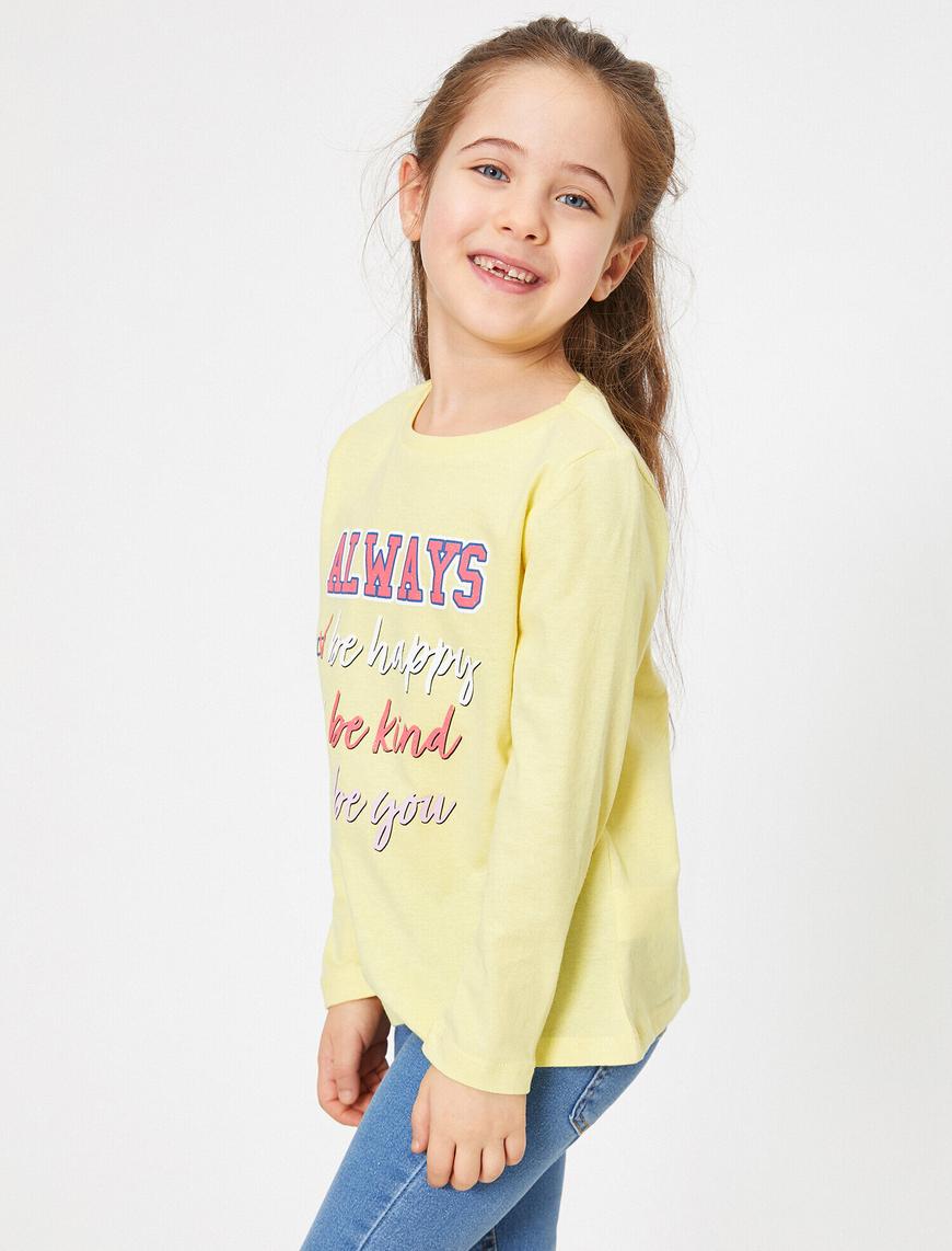  Kız Çocuk Yumuşak Pamuklu Simli Yazılı Baskılı Uzun Kollu Tişört