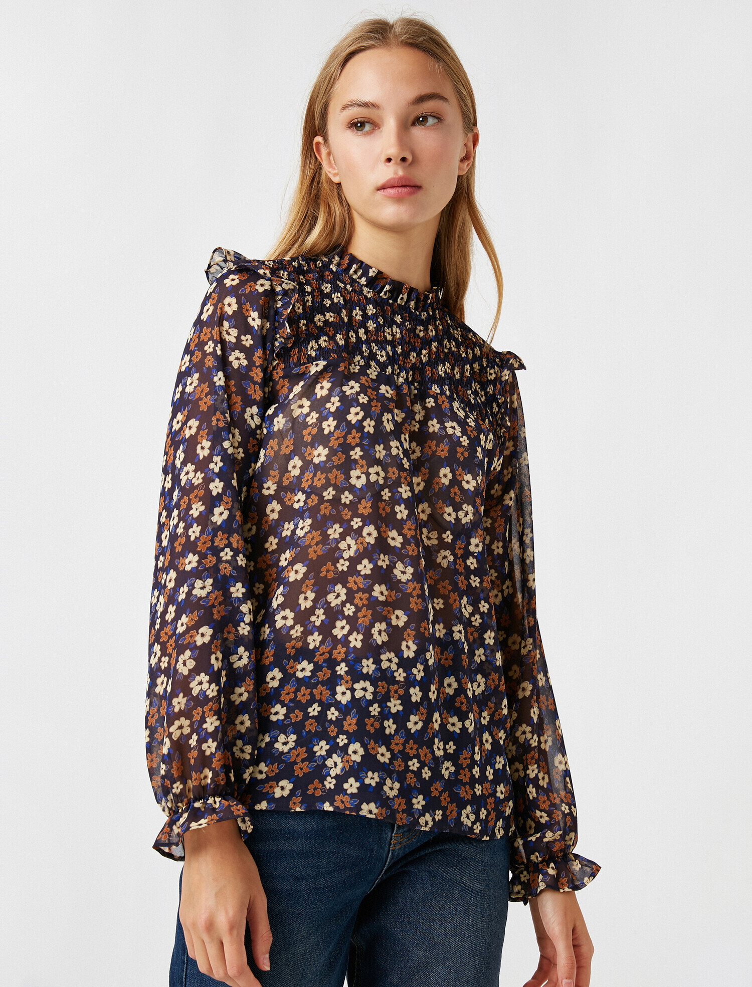  Balıkçı Yaka Uzun Kollu Çiçekli Bluz