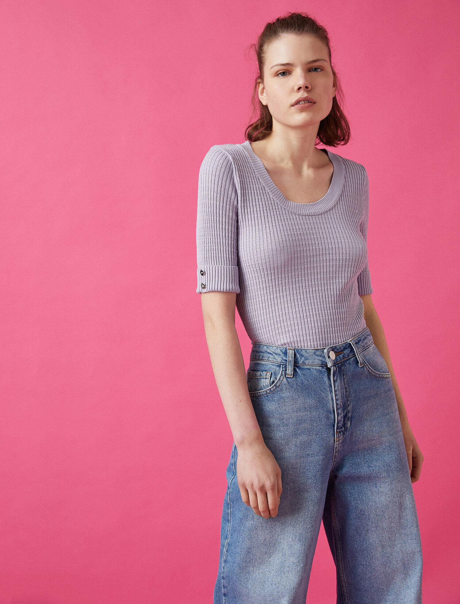   3 /4 Kol Düğme Detaylı V Yaka Triko Kazak