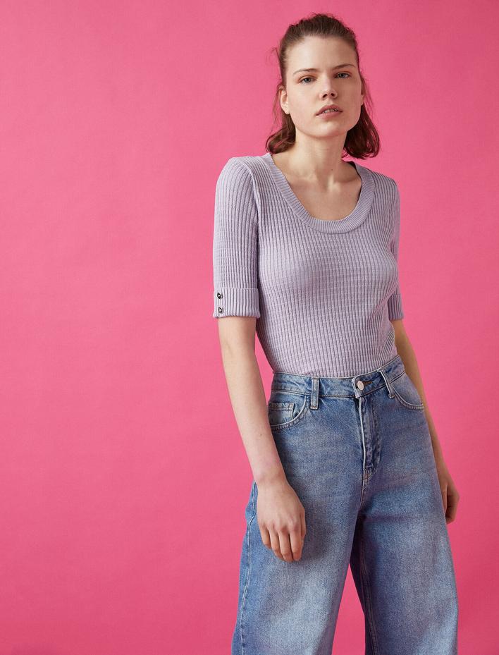  3 /4 Kol Düğme Detaylı V Yaka Triko Kazak