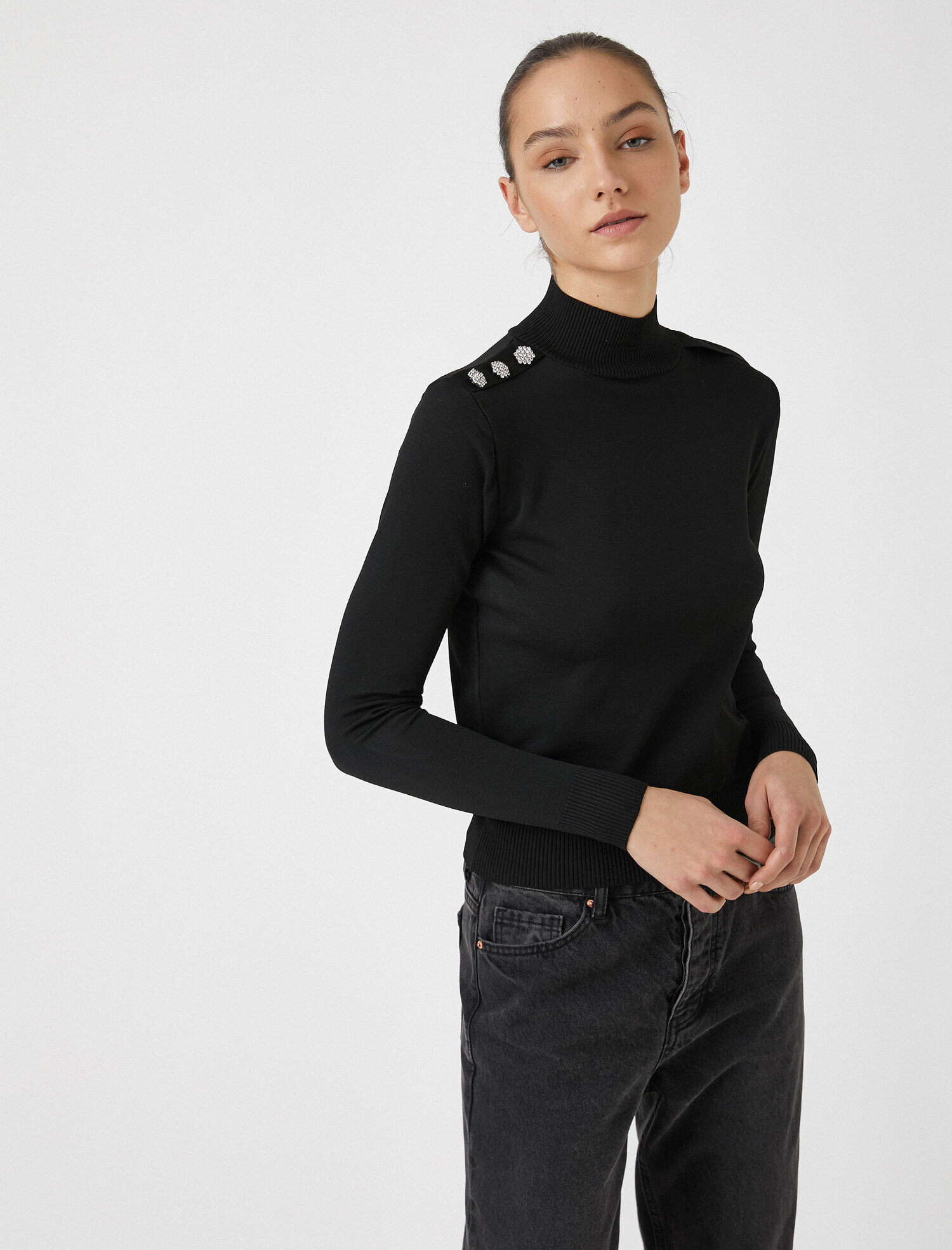   Balıkçı Yaka Düğme Detaylı Triko Kazak