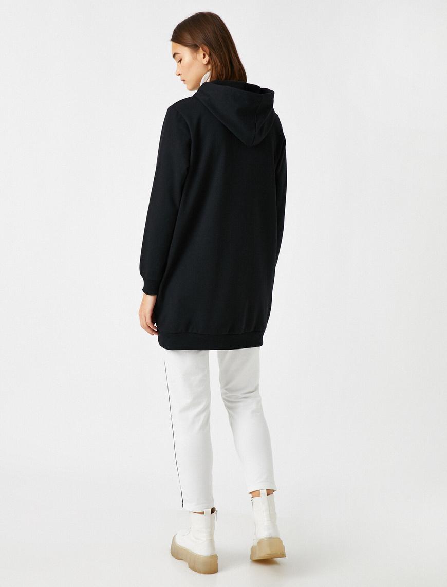   Kapüşonlu Fermuarlı Uzun Sweatshirt