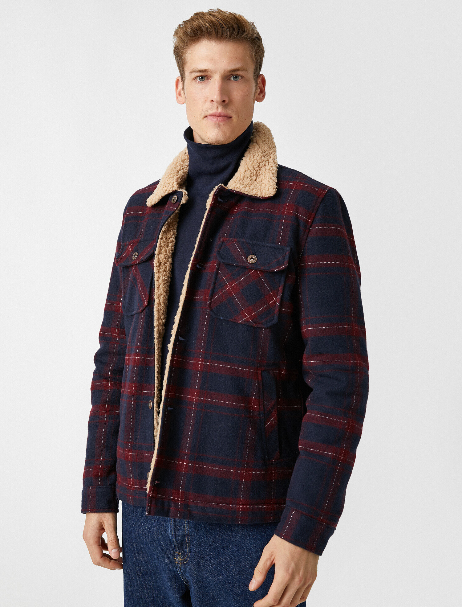   Kareli Şerpali Gömlek Yaka Cepli Kaşe Kaban