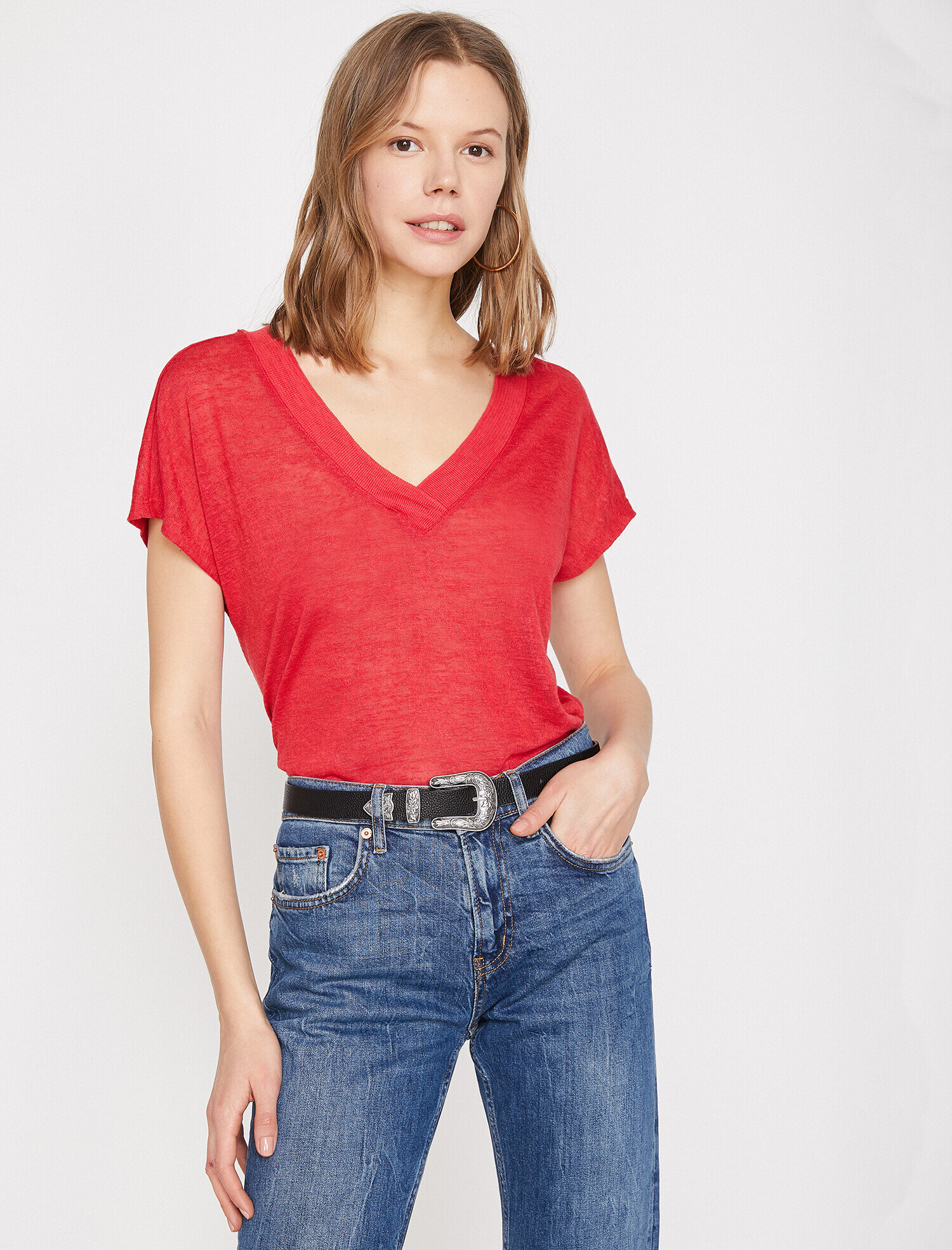   Keten Görünümlü V Yaka Tişört