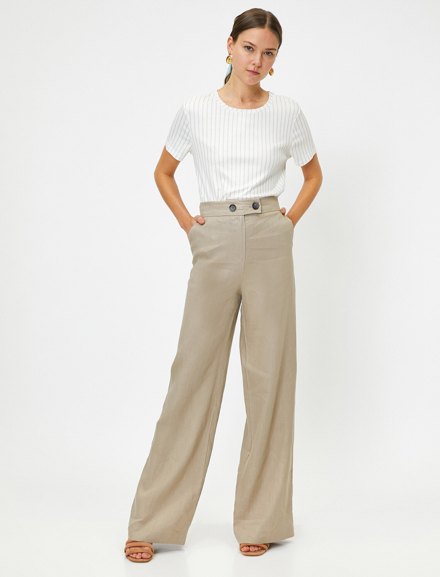   Kontrast Belli Düğme Detaylı Geniş Paça Pantolon Keten Karışımlı