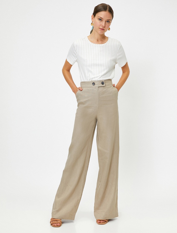  Kontrast Belli Düğme Detaylı Geniş Paça Pantolon Keten Karışımlı