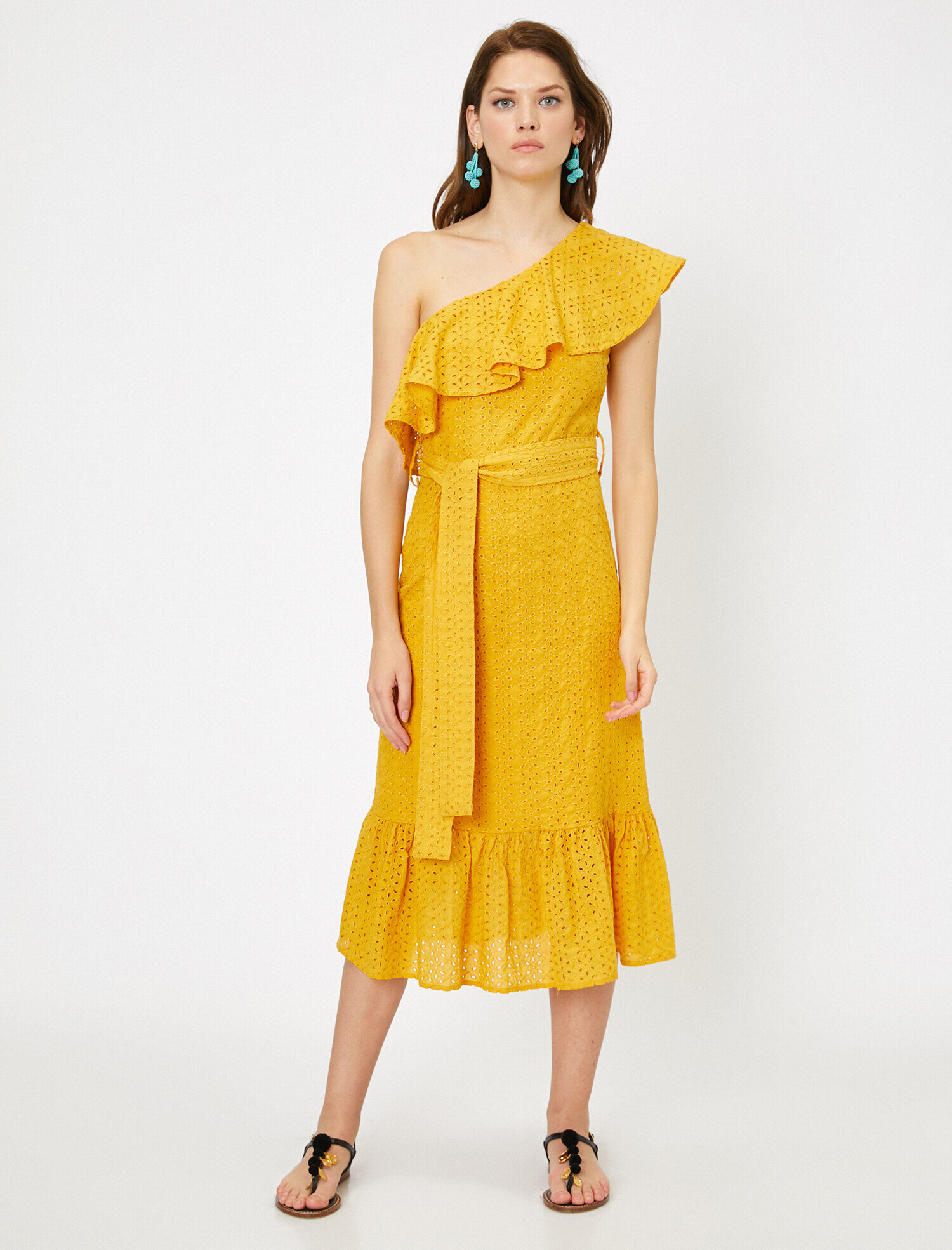   Omuz Detaylı Kemer Detaylı Fırfır Detaylı Dantel Detaylı Midi Elbise