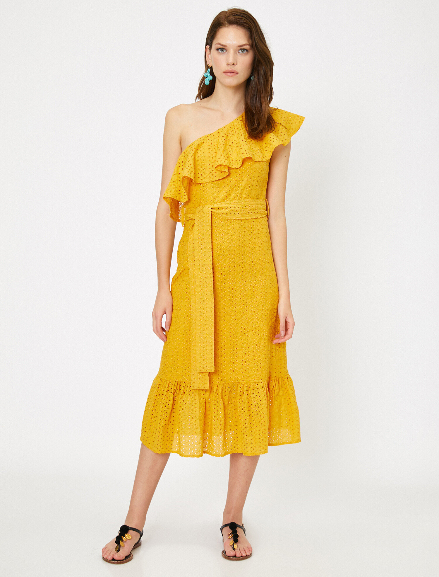   Omuz Detaylı Kemer Detaylı Fırfır Detaylı Dantel Detaylı Midi Elbise