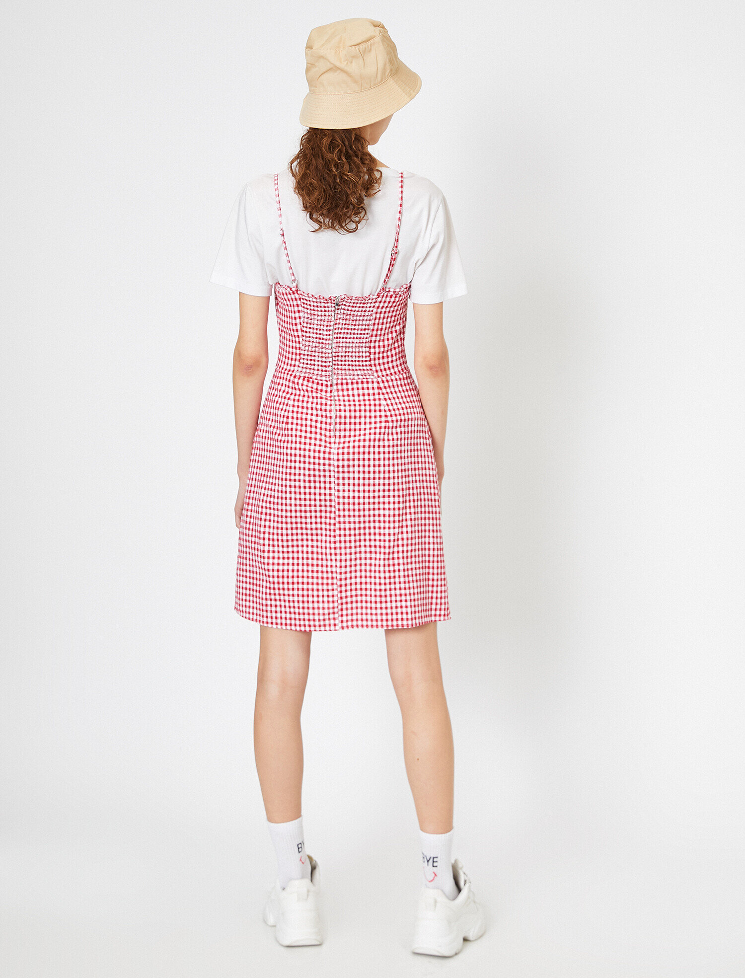   Ekoseli Dar Kesim İnce Askılı Elbise