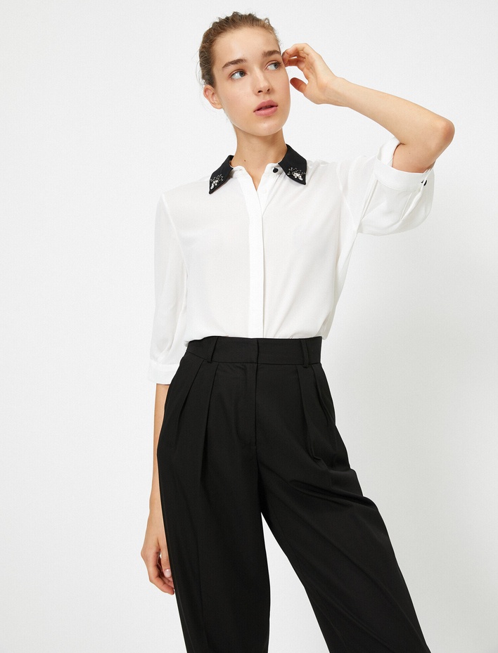  Kısa Kollu İşlemeli Peplum Gömlek