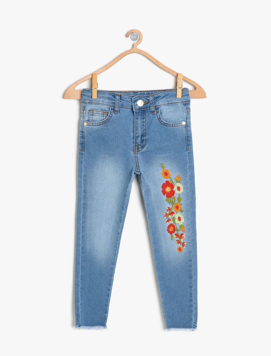  Kız Çocuk Kot Pantolon Çiçekli İşleme Detaylı Pamuklu - Slim Jean
