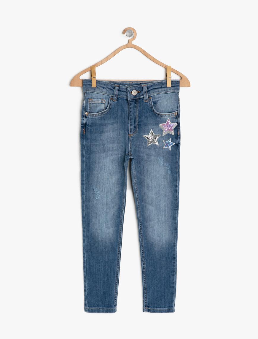  Kız Çocuk Kot Pantolon Pamuklu Aplike Detaylı - Skinny Jean