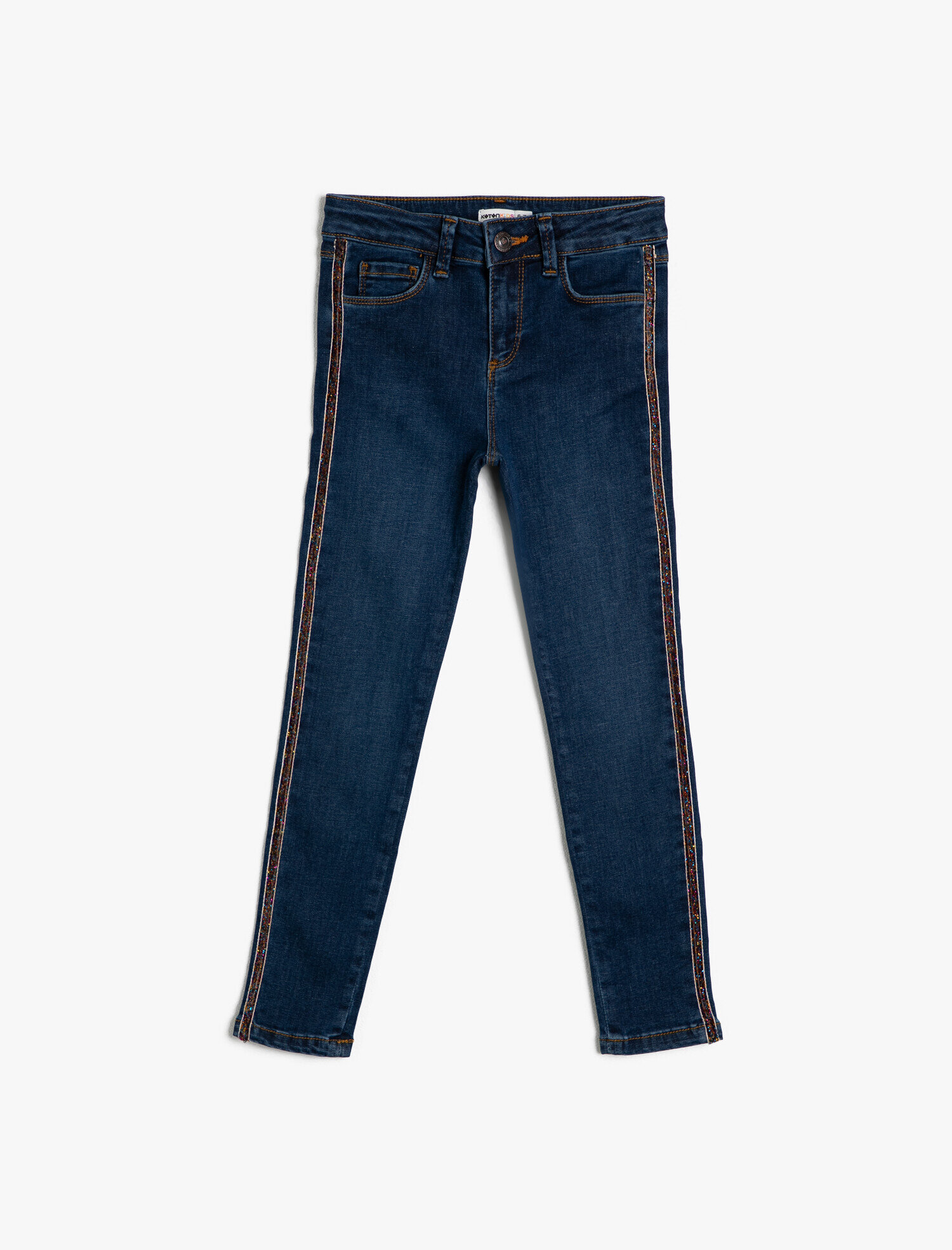 Kız Çocuk Pamuklu Simli Şerit Detaylı Cepli Kot Pantolon - Slim Jean