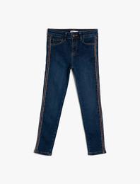 Pamuklu Simli Şerit Detaylı Cepli Kot Pantolon - Slim Jean