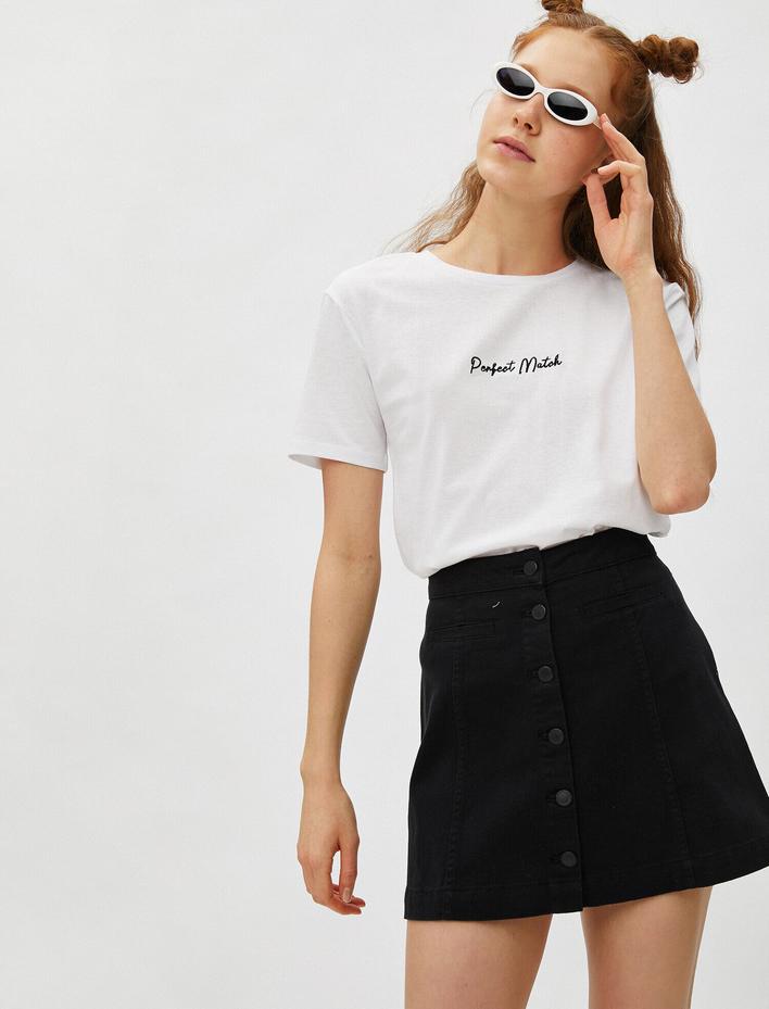  Kısa Kollu Tişört Slogan İşlemeli Bisiklet Yaka Pamuklu