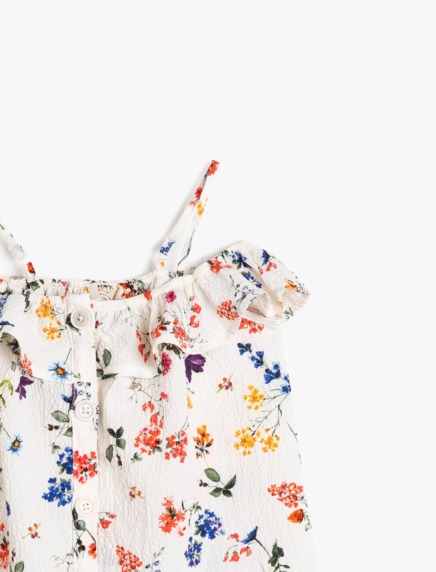  Kız Çocuk Çiçekli Dökümlü Dokulu Kumaştan Fırfırlı Askılı Orta Boy Elbise