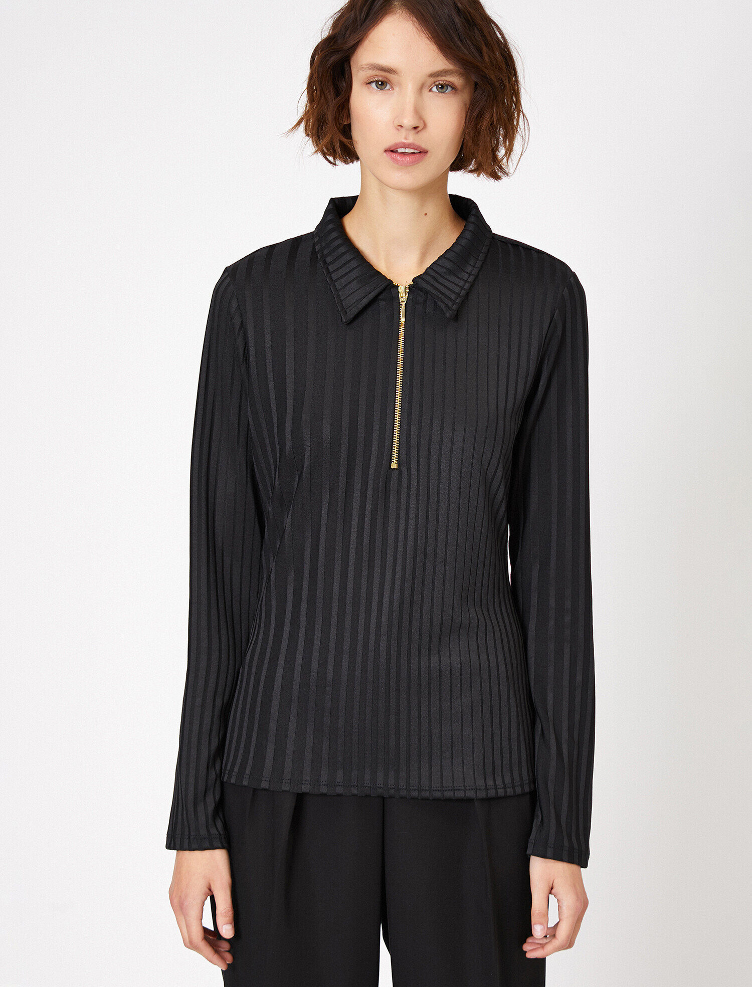   Uzun Kollu Tişört Fermuar Detaylı Gömlek Yaka