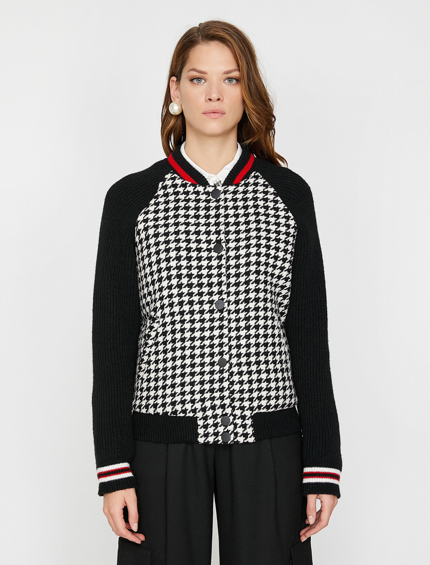   Kazayağı Desenli Cepli Bomber Kolej Ceket