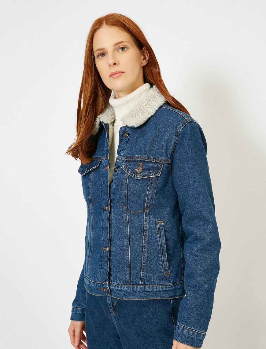   Yakası Suni Kürk Detaylı Jean Ceket