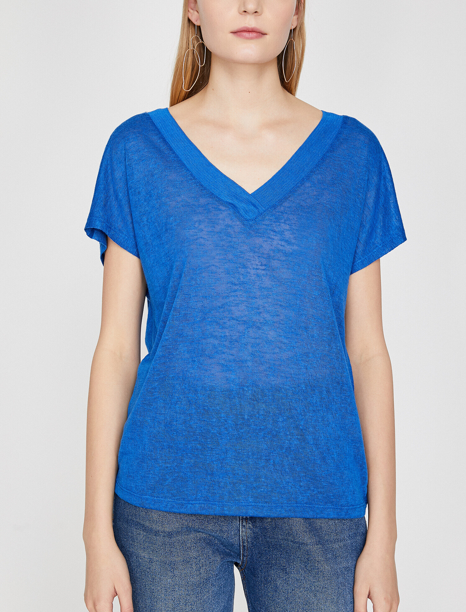   Keten Görünümlü V Yaka Tişört