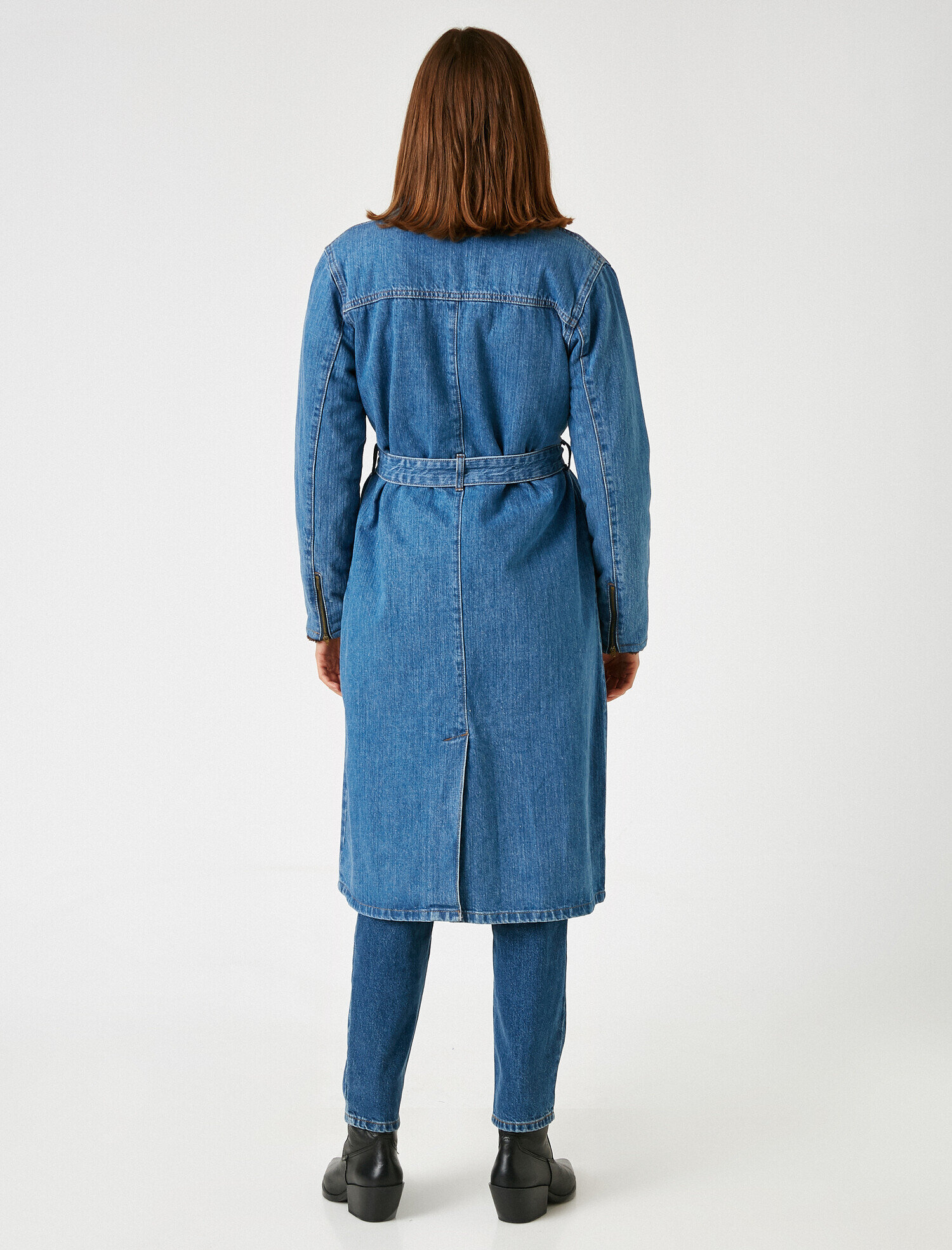   Fur Collar Belted Oversize Long Denim Jacket