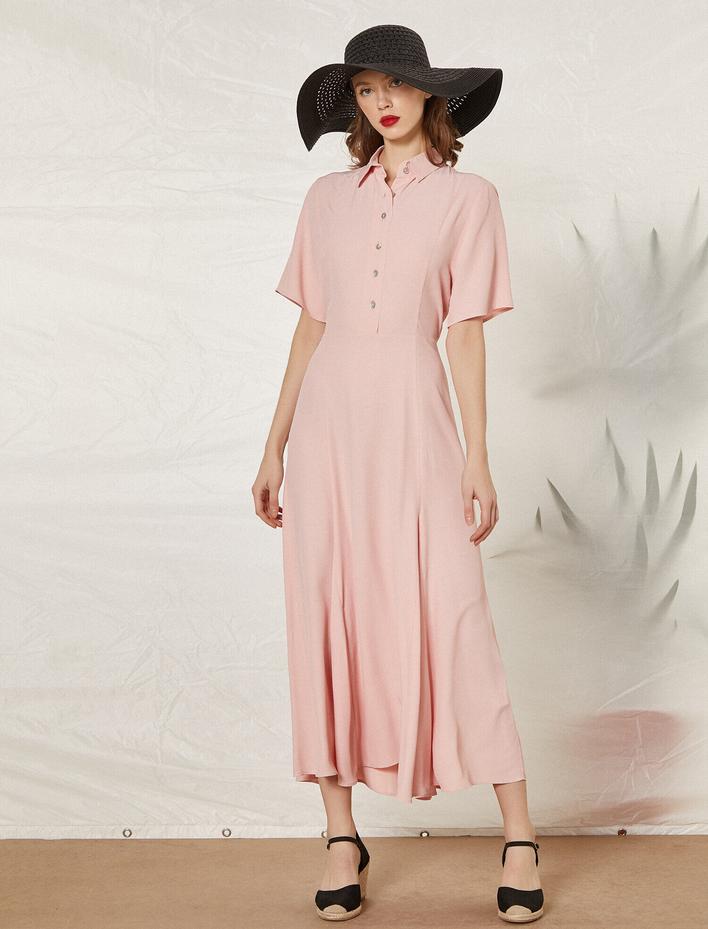  Gömlek Yaka Düğme Detaylı Kısa Kollu Uzun Elbise