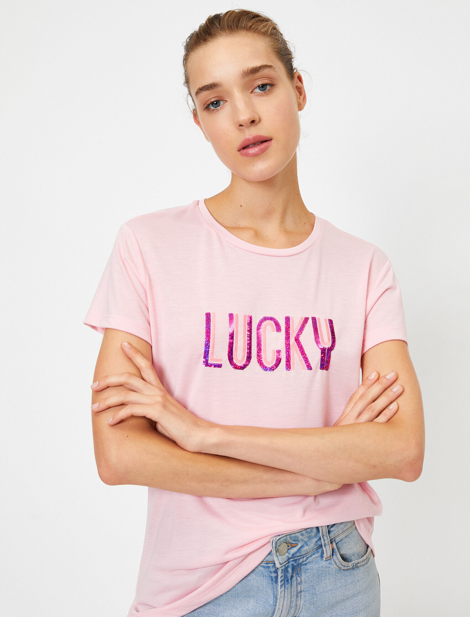   Bisiklet Yaka Yazılı Baskılı Pullu Kısa Kollu Tişört