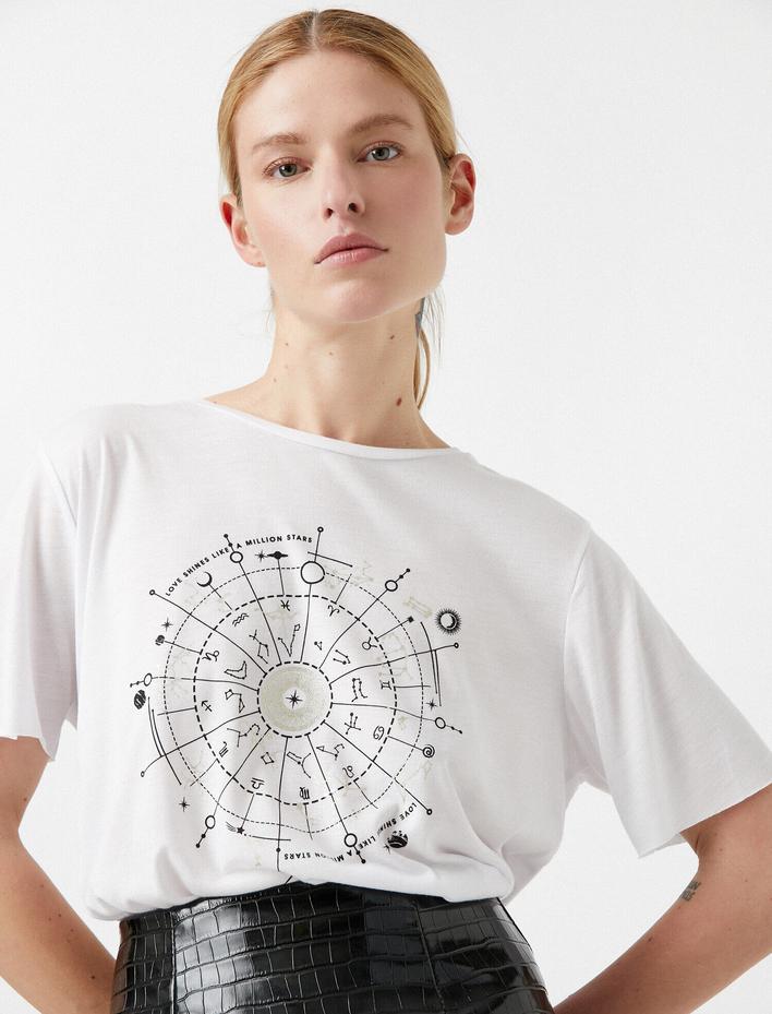  Baskılı Tişört Bisiklet Yaka Kısa Kollu Oversize