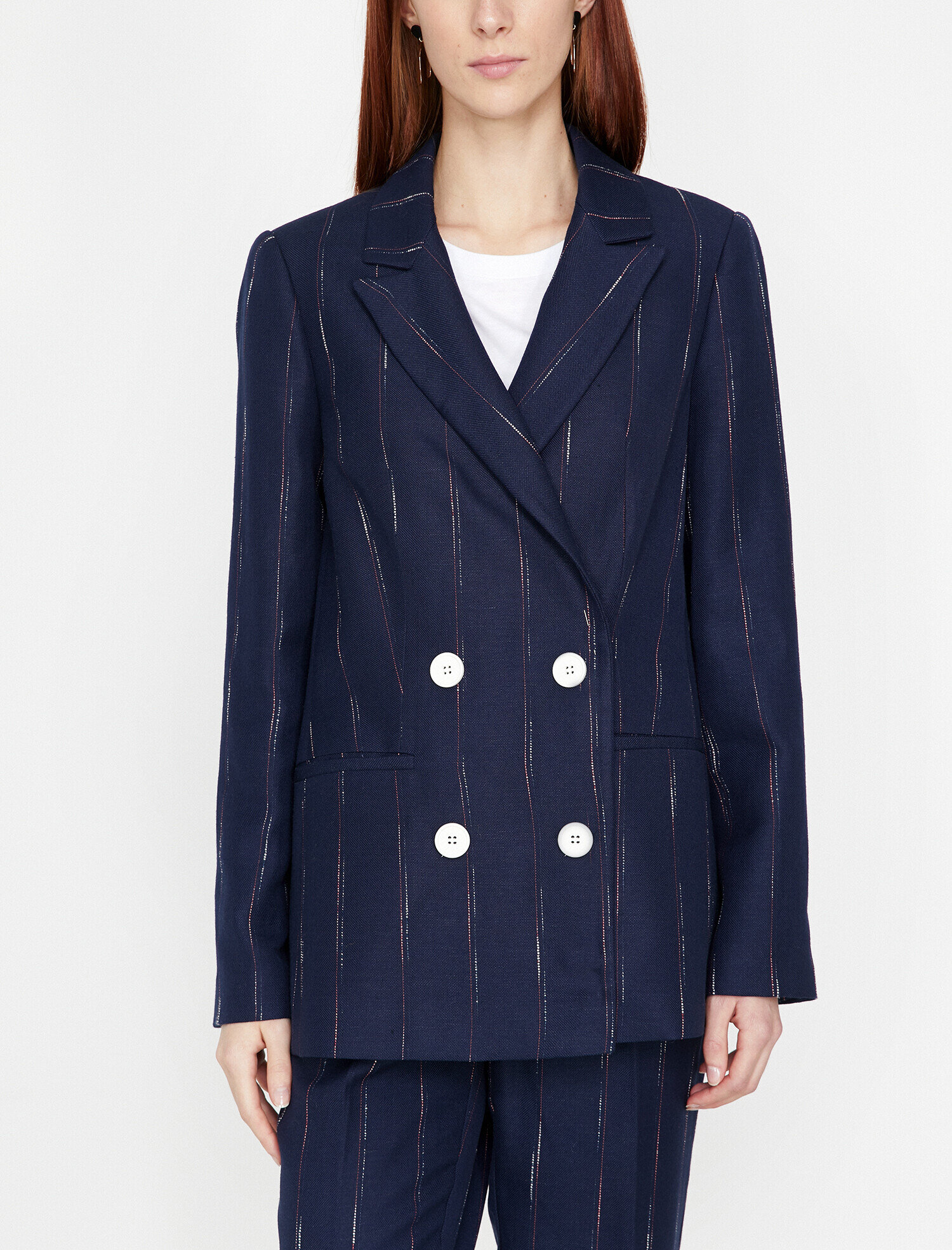   Çizgili Kruvaze Blazer Ceket Keten Karışımlı