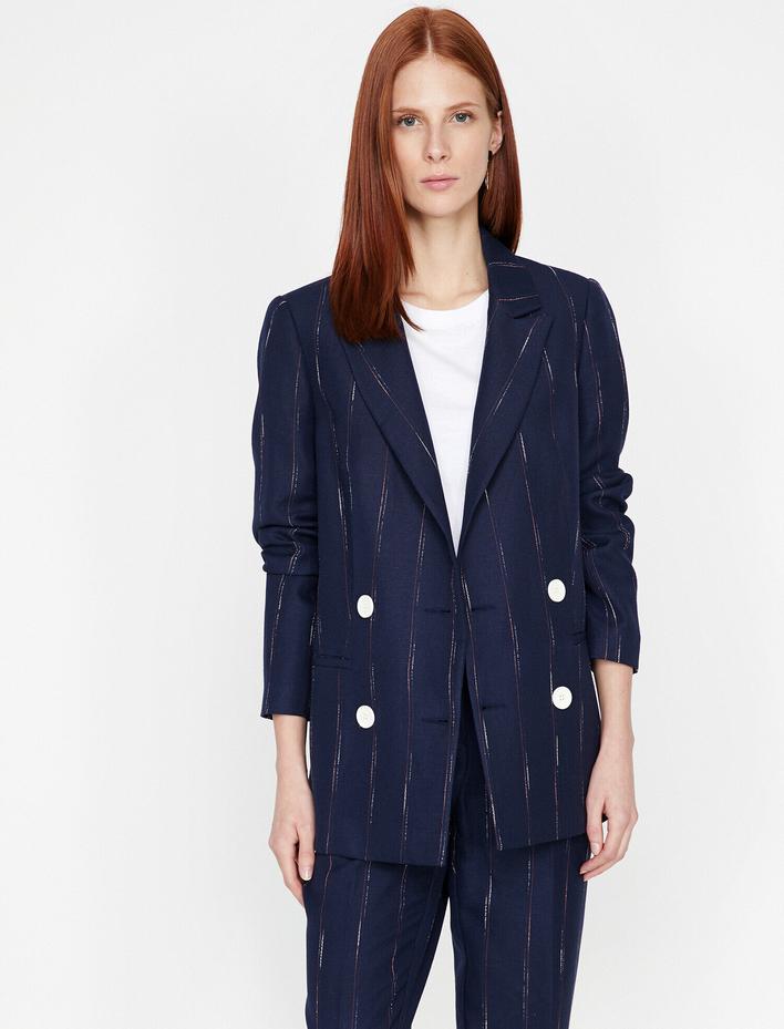  Çizgili Kruvaze Blazer Ceket Keten Karışımlı