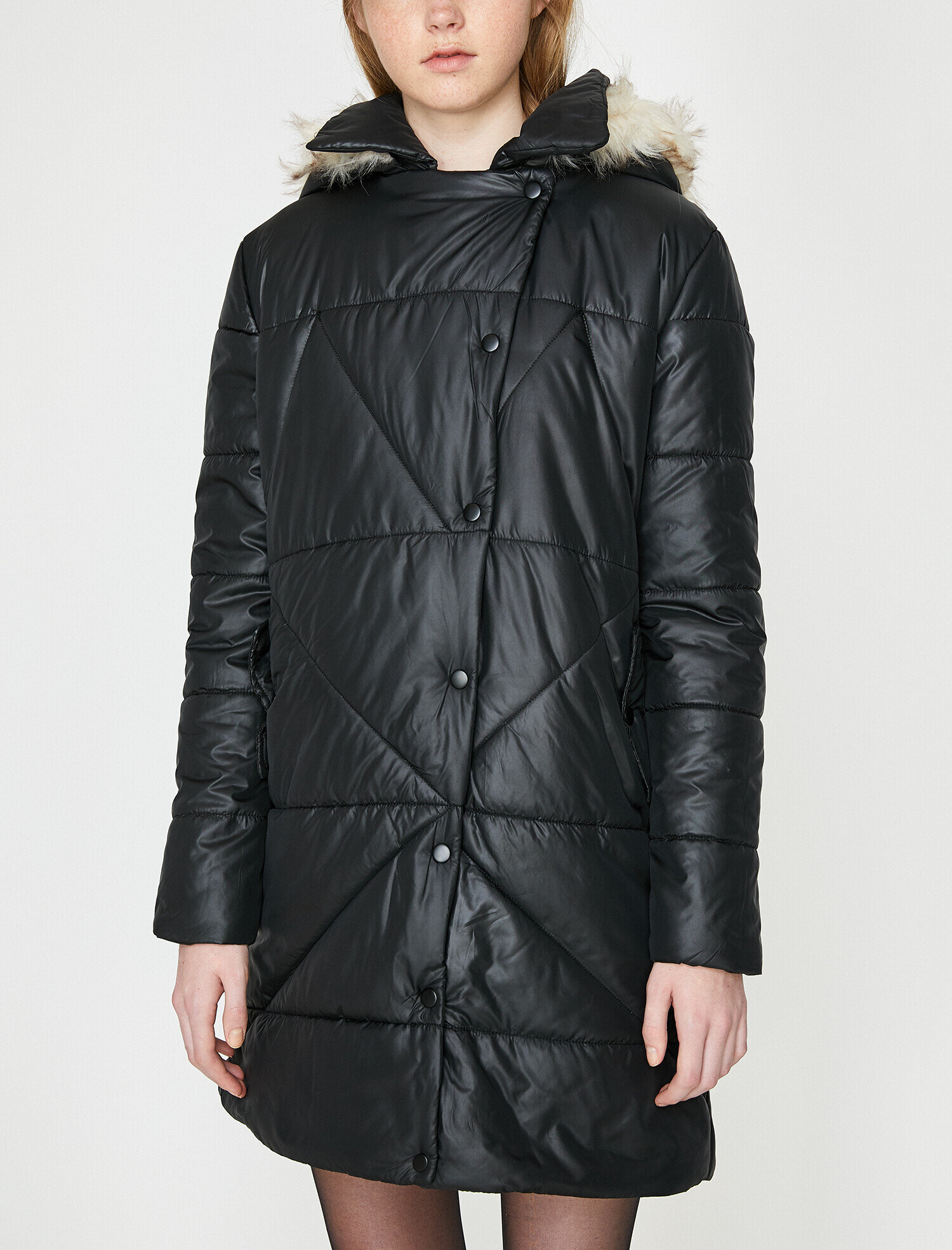   Suni Kürk Detaylı Kapüşonlu Uzun Şişme Mont