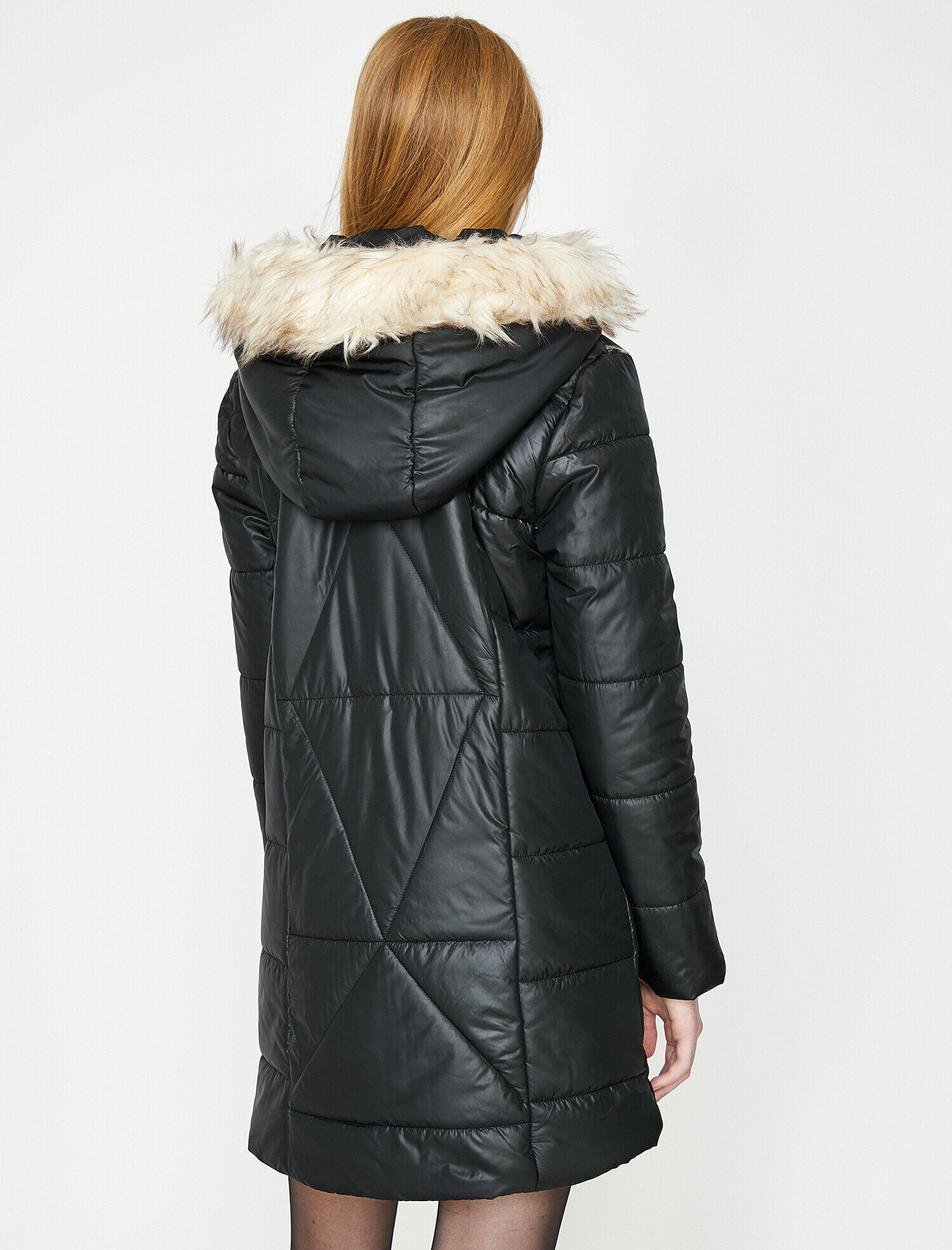   Suni Kürk Detaylı Kapüşonlu Uzun Şişme Mont