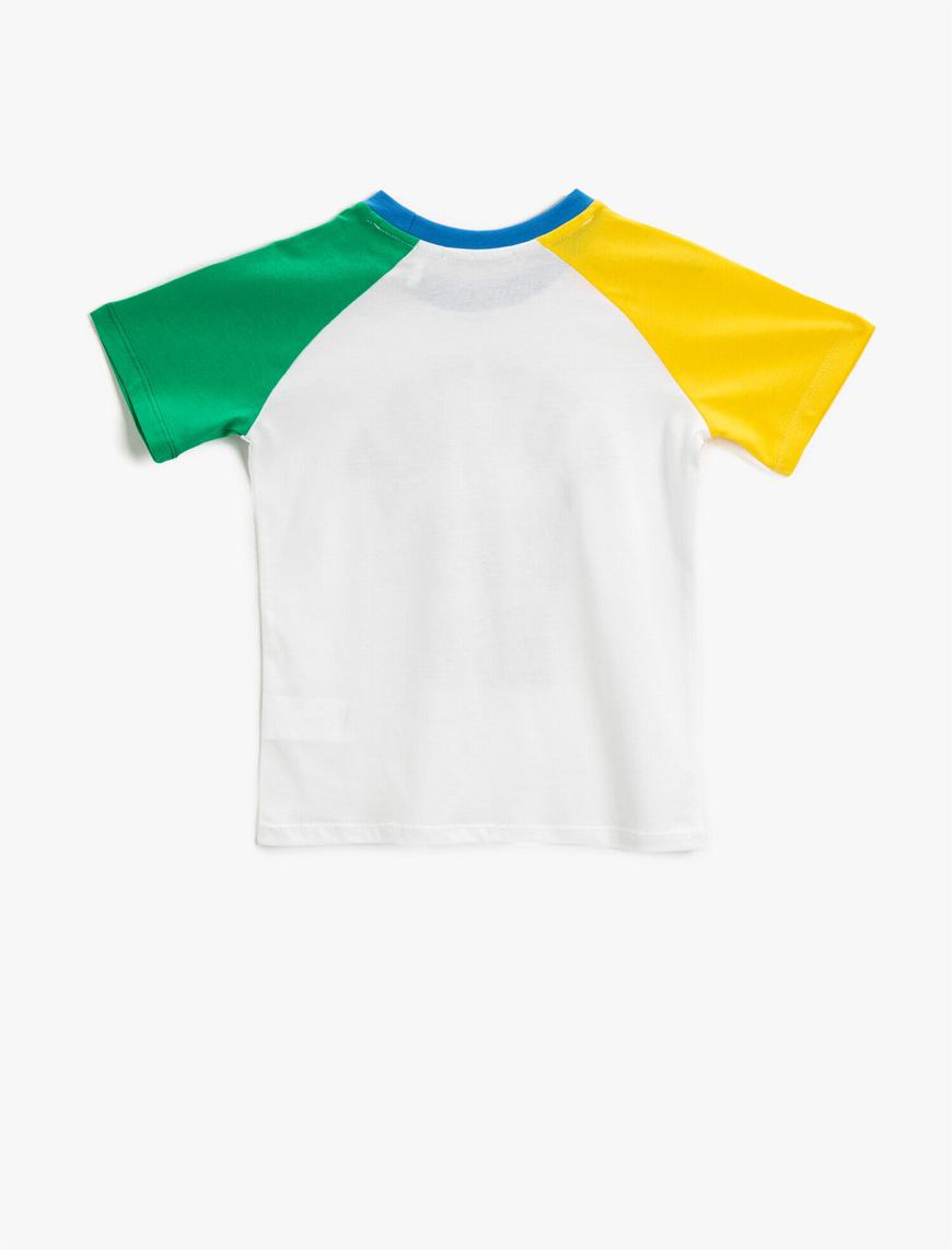  Erkek Çocuk Baskılı Tişört Renk Bloklu Pamuklu