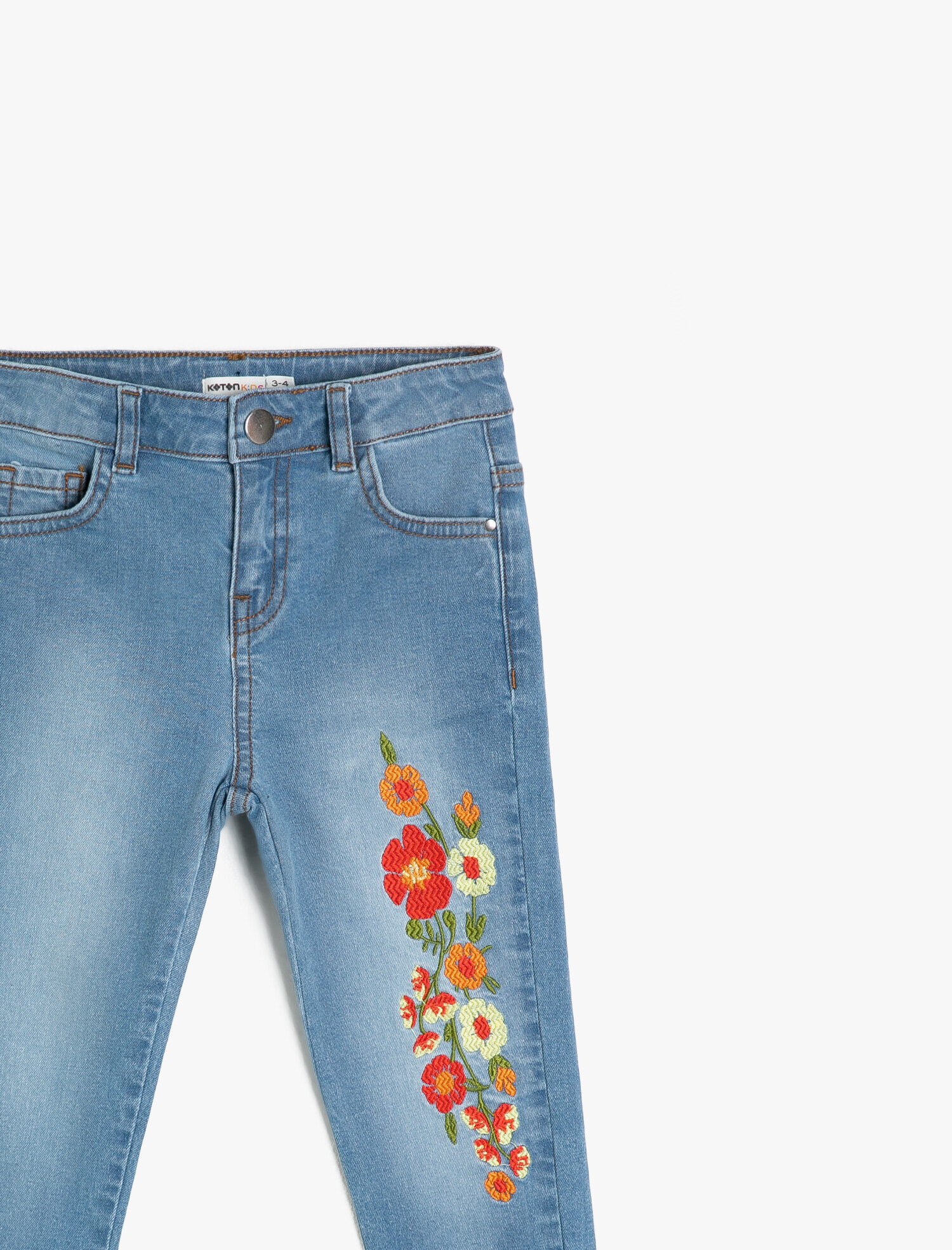 Kız Çocuk Kot Pantolon Çiçekli İşleme Detaylı Pamuklu - Slim Jean