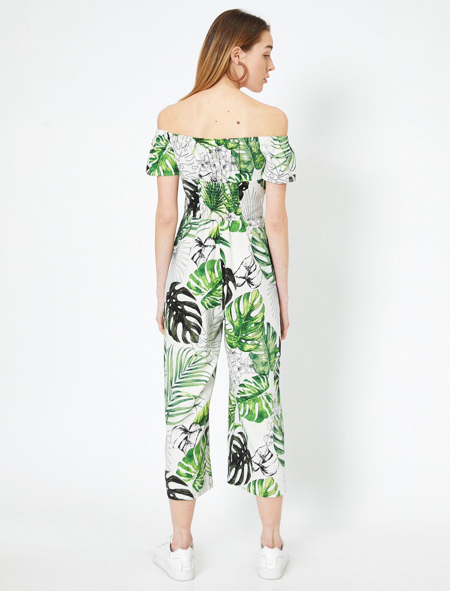   Çiçek Desenli Keten Karışımlı Omuz Dekolteli Tulum