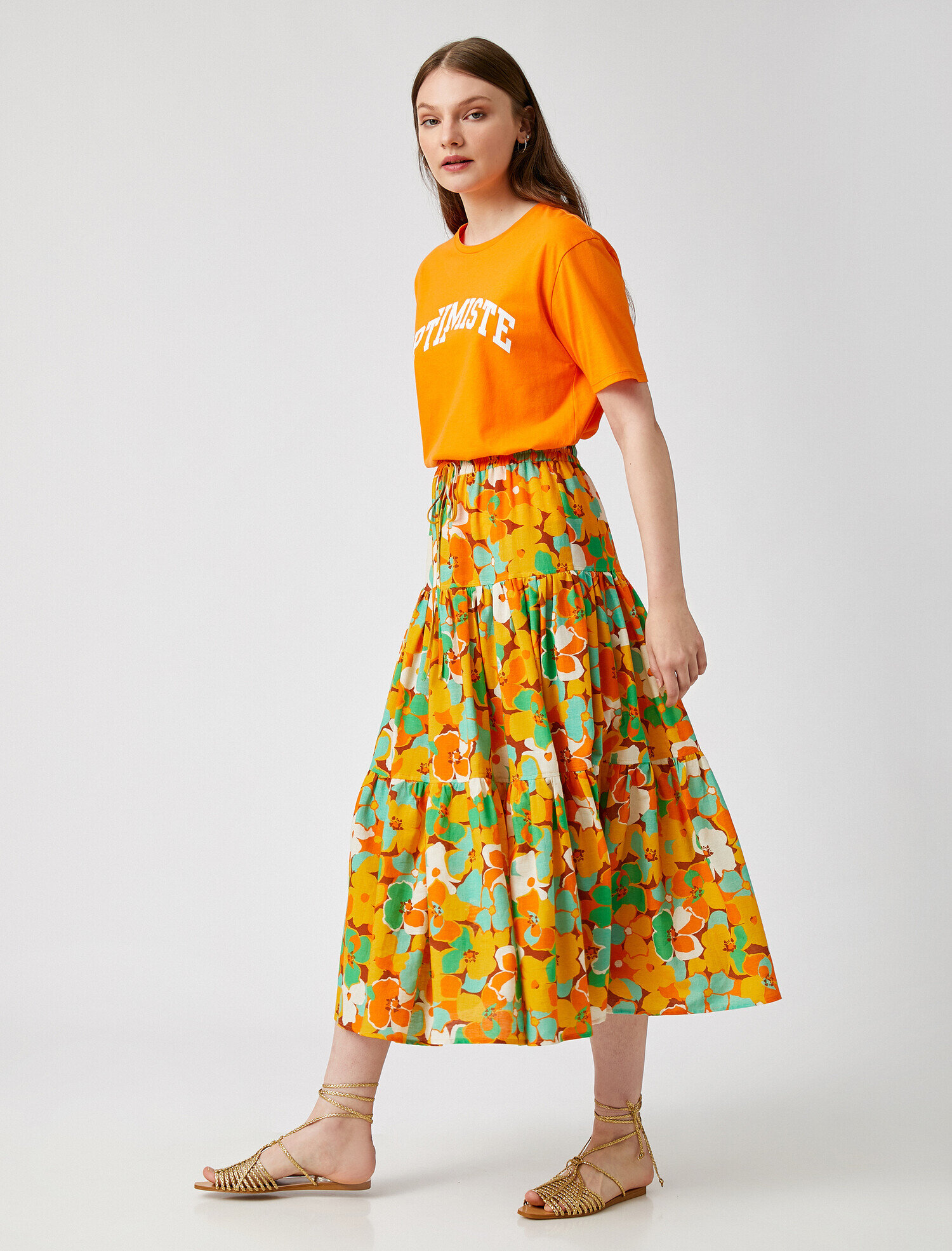   Çiçekli Midi Boy Pamuklu  Keten Karışımlı Etek