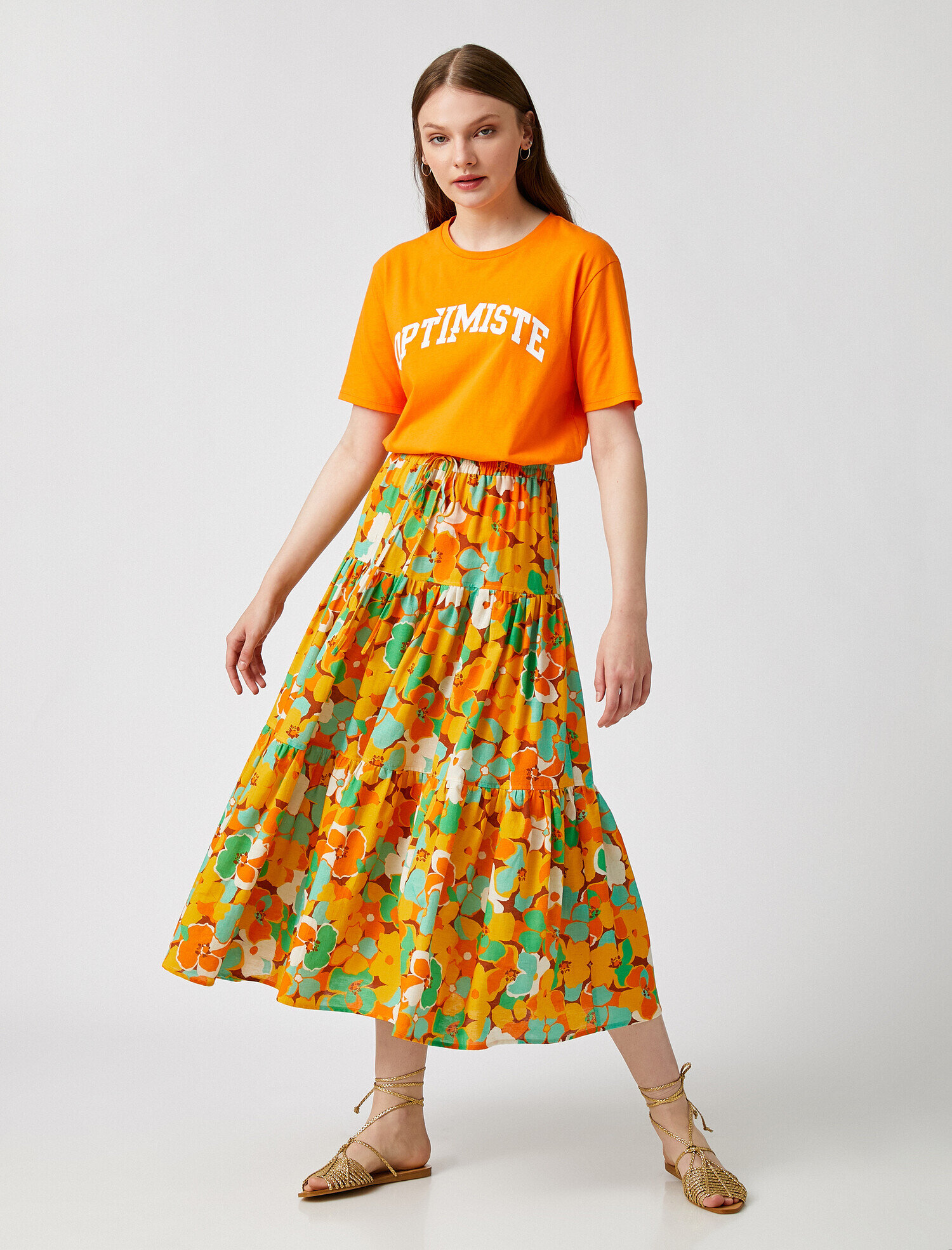   Çiçekli Midi Boy Pamuklu  Keten Karışımlı Etek