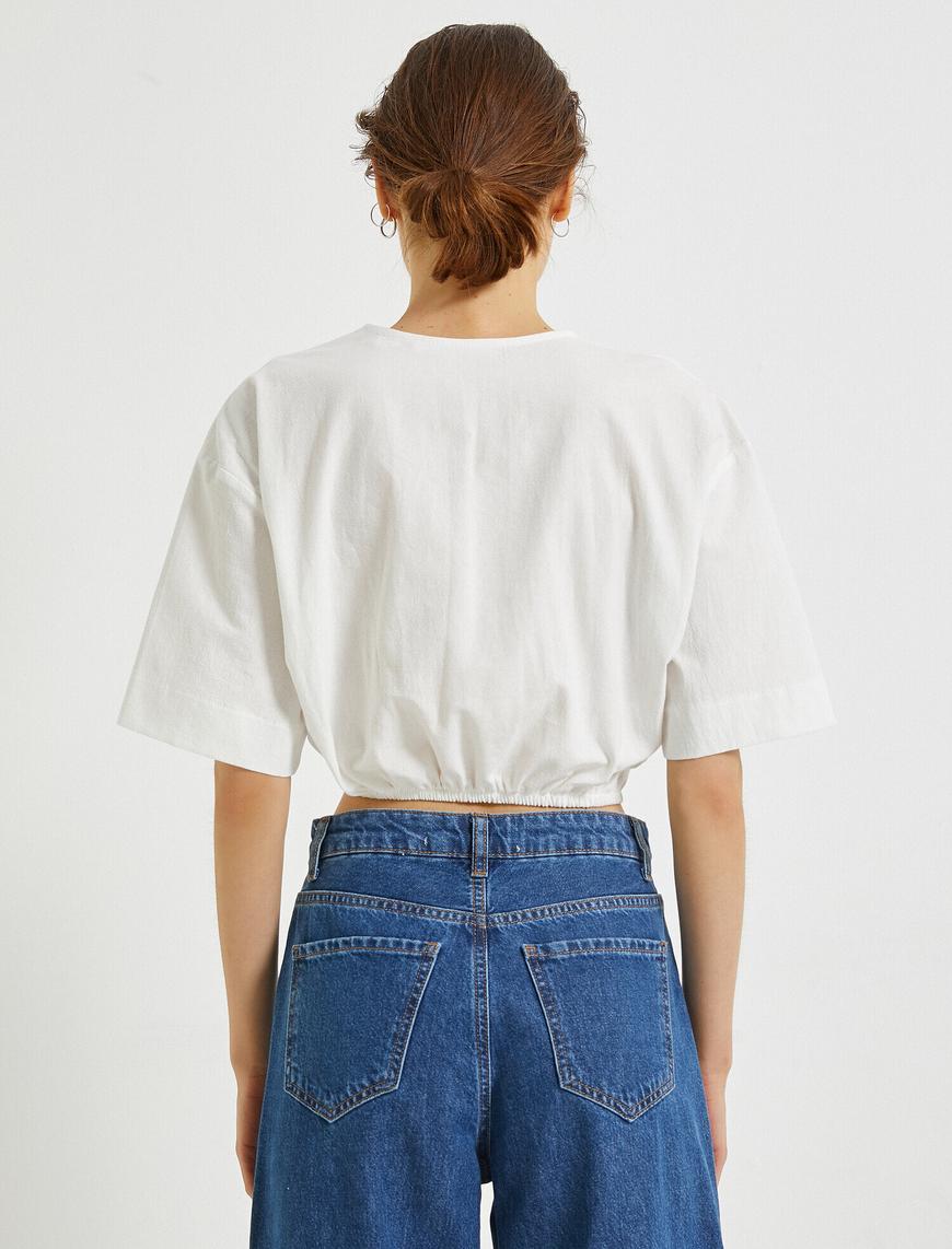   Crop Bluz Toka Detaylı V Yaka