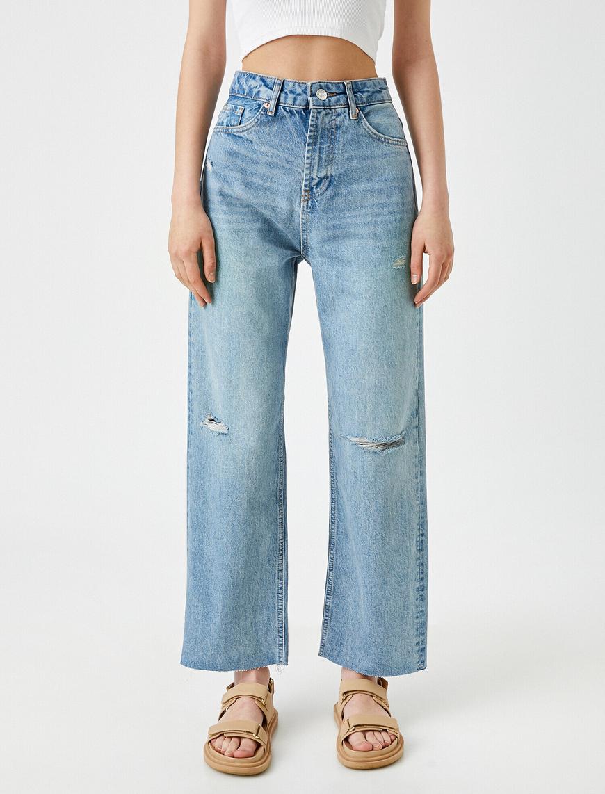   Yüksek Bel Yırtık Normal Kesim Düz Paça Kot Straight Jean Pantolon - Eve Jean