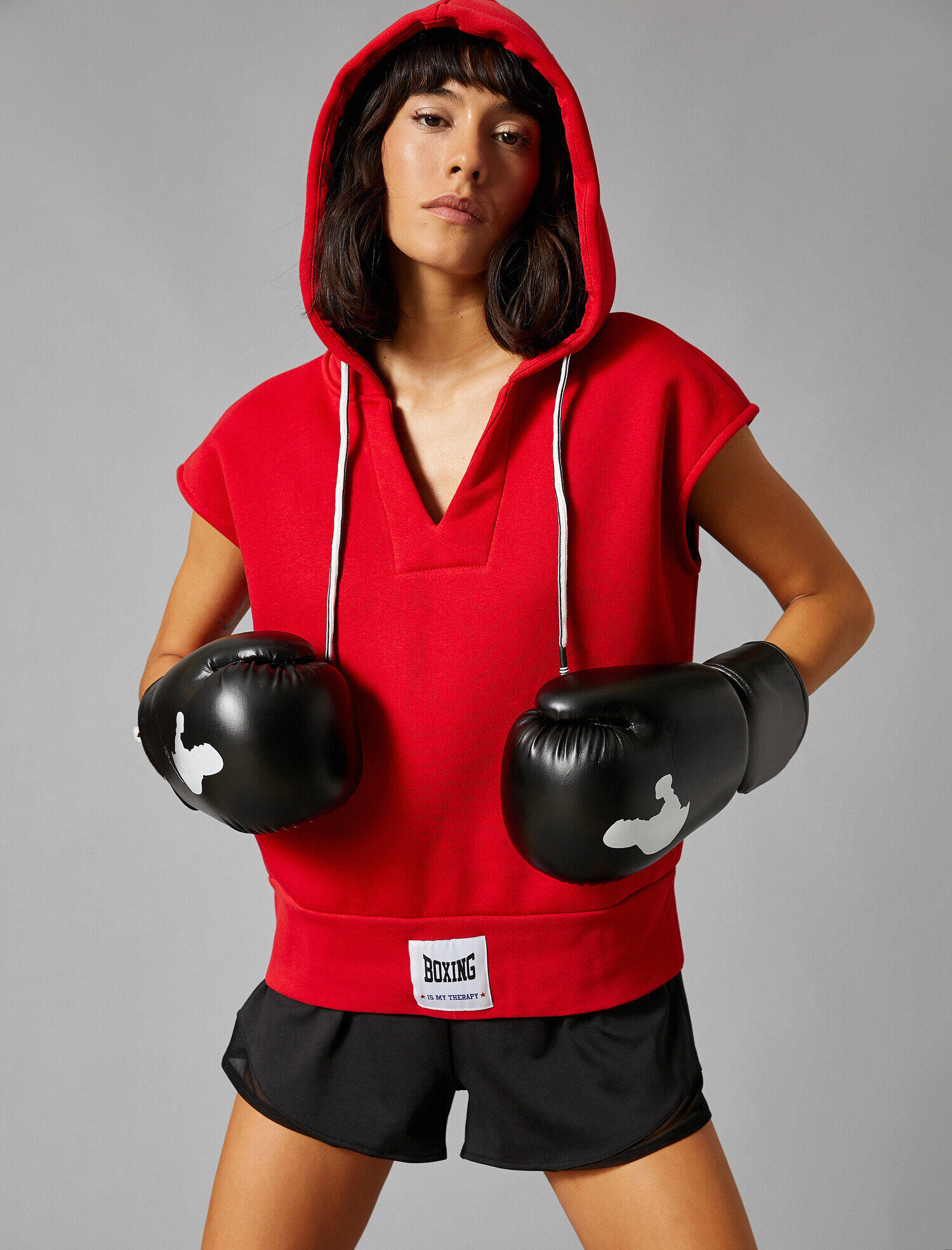   Kapüşonlu Sweatshirt Kısa Kollu V Yaka