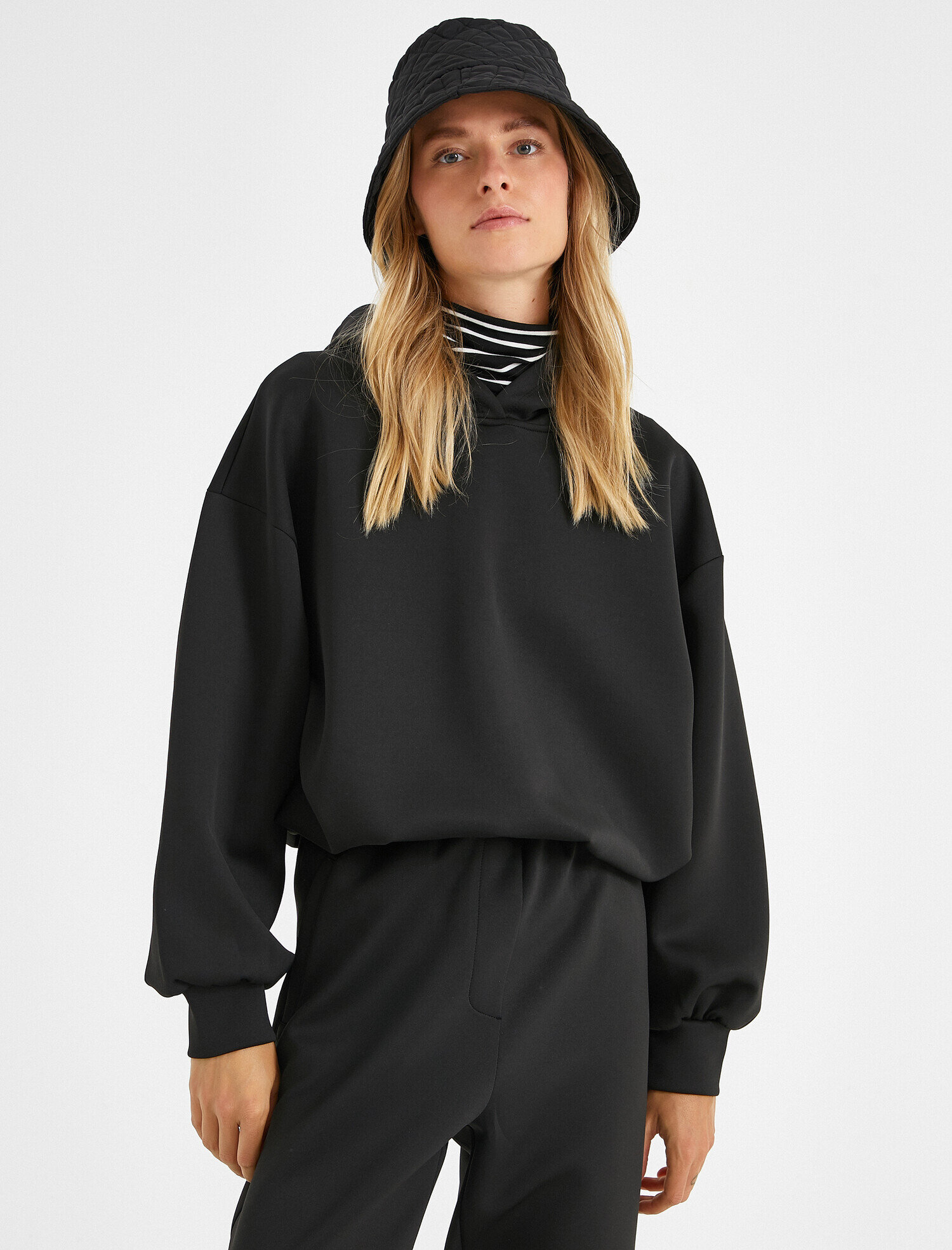   Kapüşonlu Sweatshirt Beli Lastikli Düşük Omuz