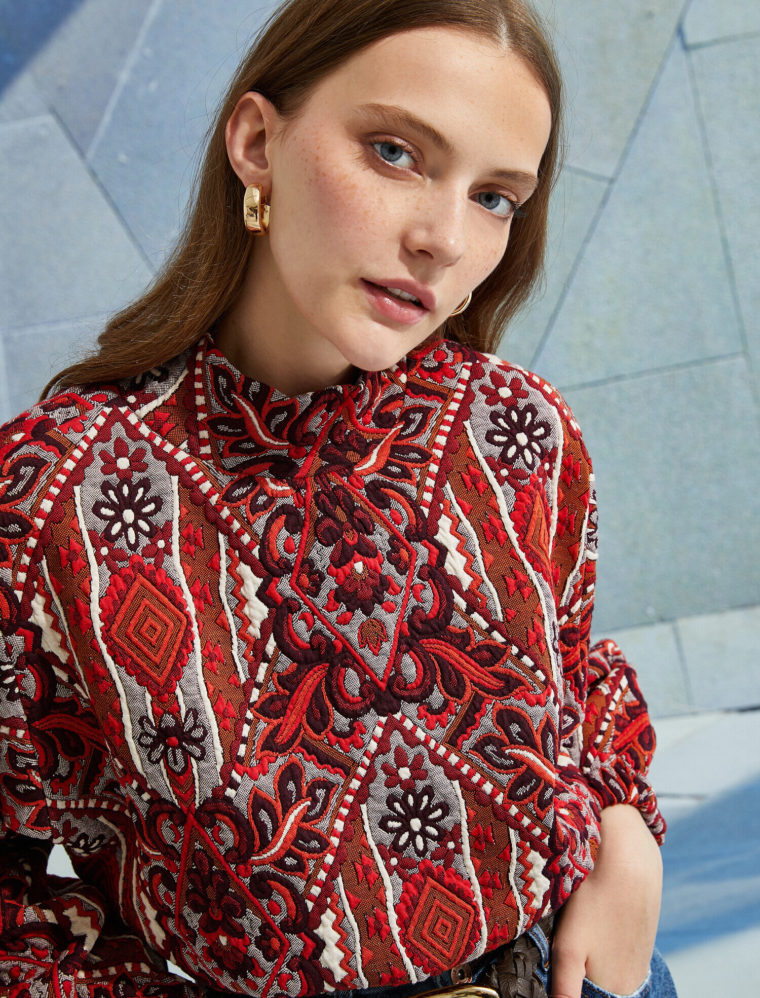   Etnik Desenli Yarım Balıkçı Yaka Beli Büzgülü Sweatshirt