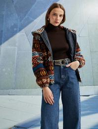 Etnik Desenli Fermuarlı Kapüşonlu Peluş Ceket